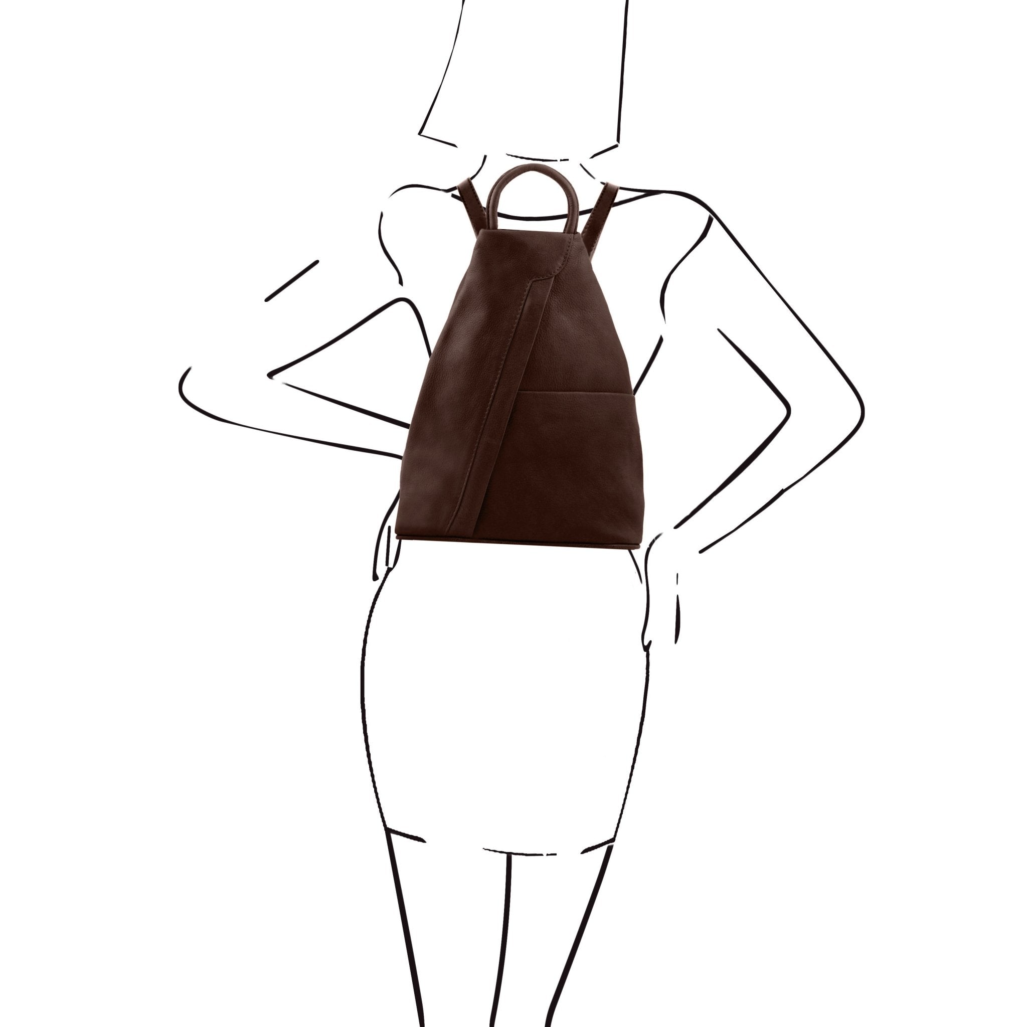 Black and white model sketch showing the Shanghai Full Grain Leather Backpack in dark brown worn around both shoulders