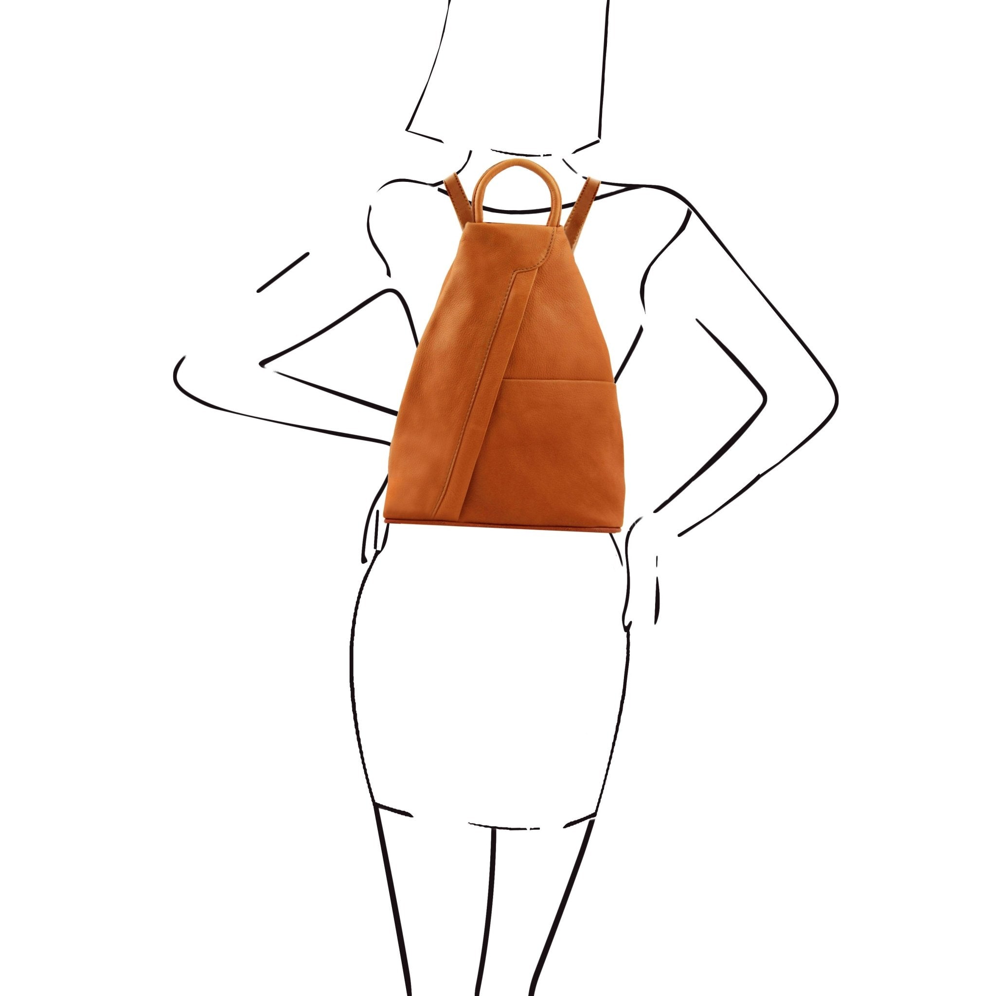 Black and white model sketch showing the Shanghai Full Grain Leather Backpack in cognac worn around both shoulders