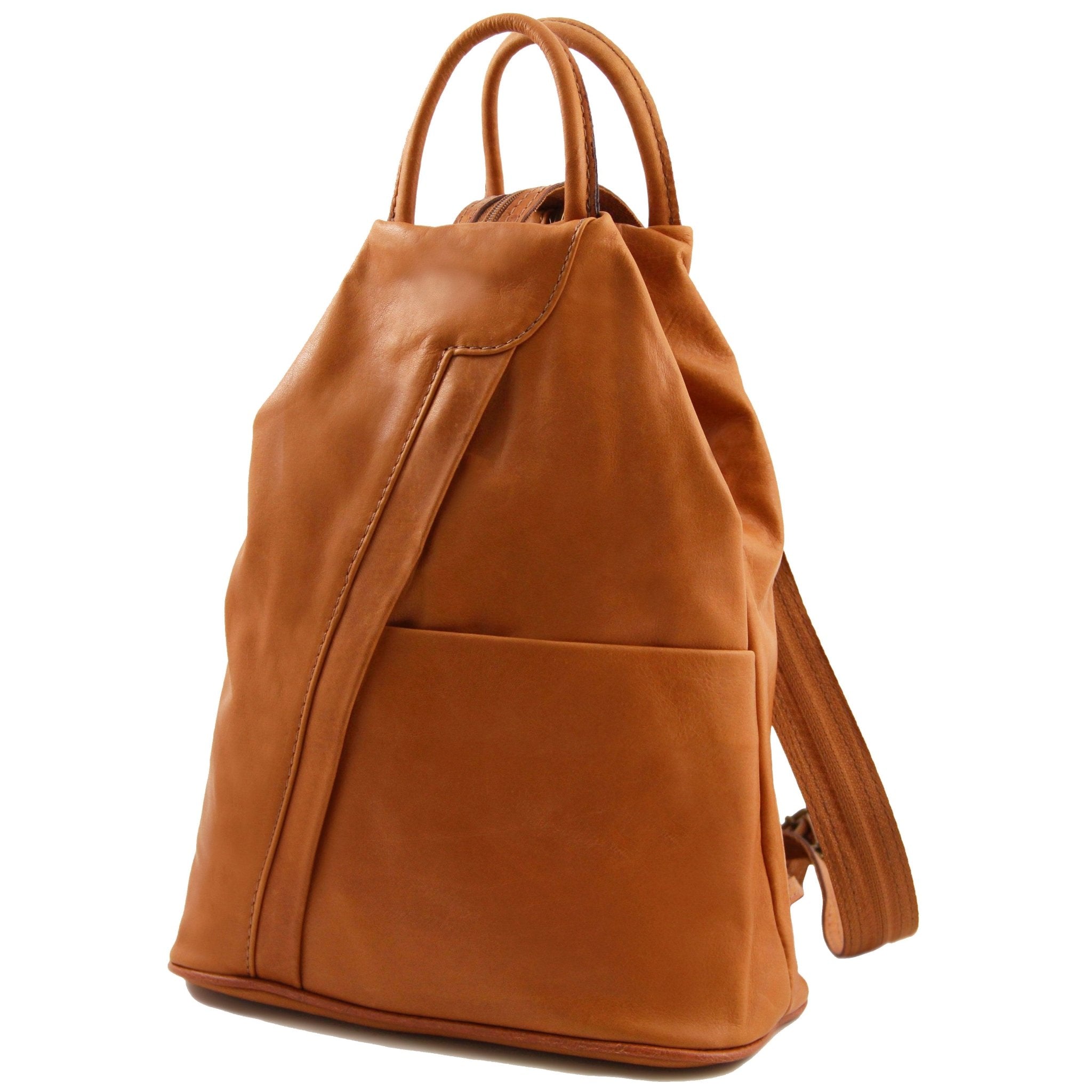 Shanghai Full Grain Leather Backpack in honey front angled view showing front angled zip and open pockets