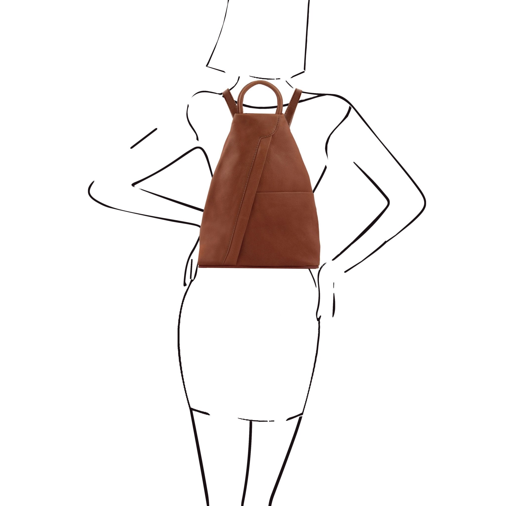 Black and white model sketch showing the Shanghai Full Grain Leather Backpack in brown worn around both shoulders