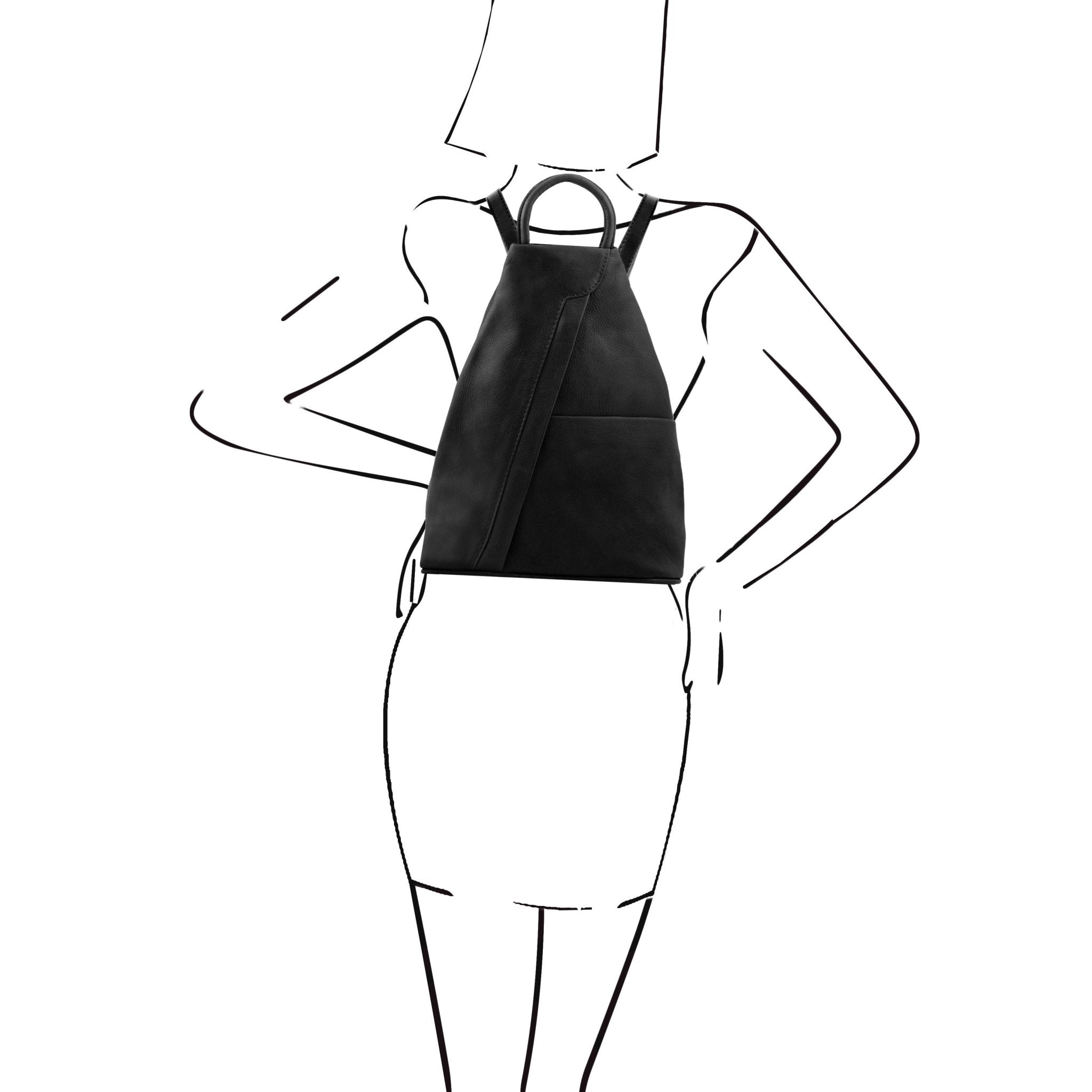 Black and white model sketch showing the Shanghai Full Grain Leather Backpack in black worn around both shoulders