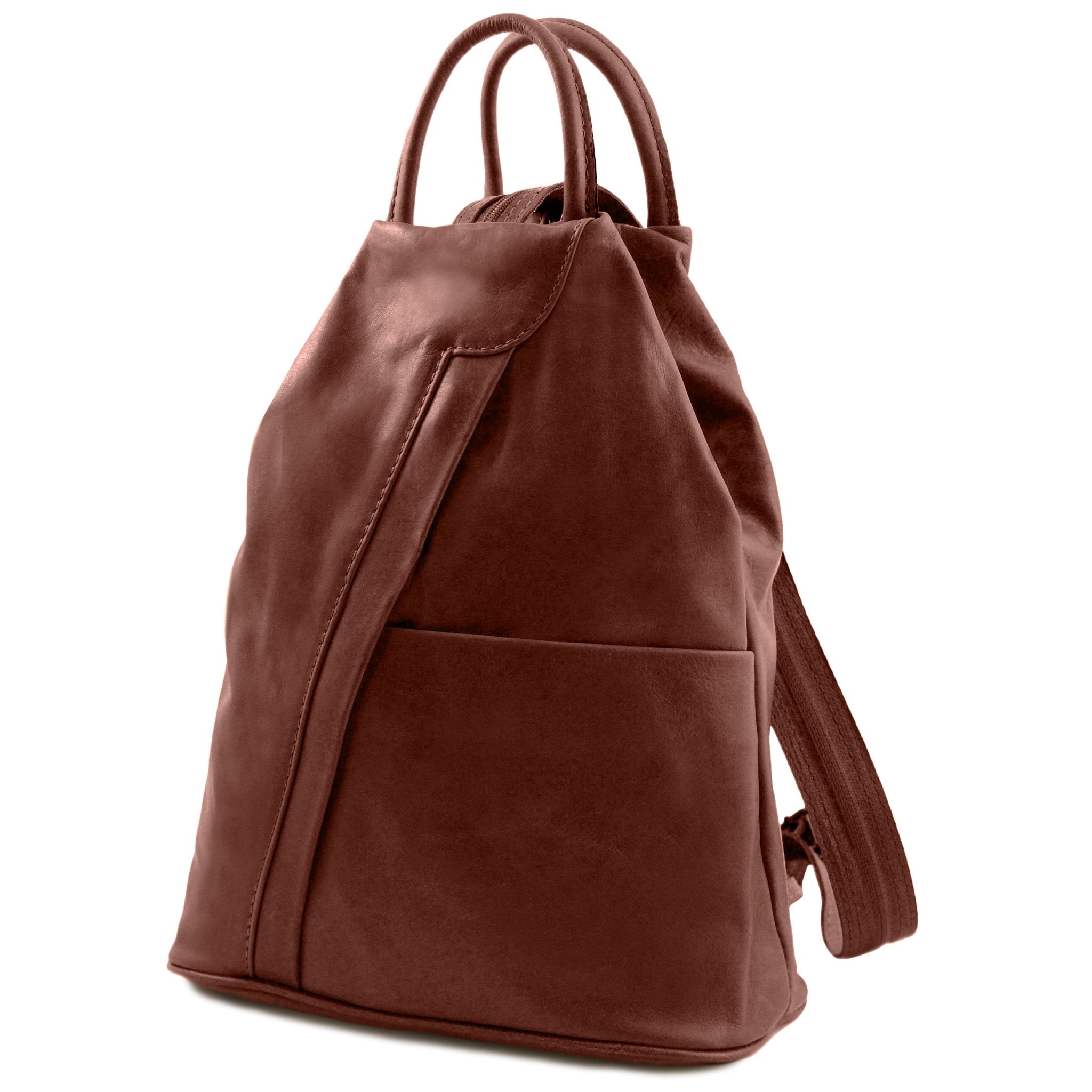 Shanghai Full Grain Leather Backpack in cinnamomn front angled view showing front angled zip and open pockets