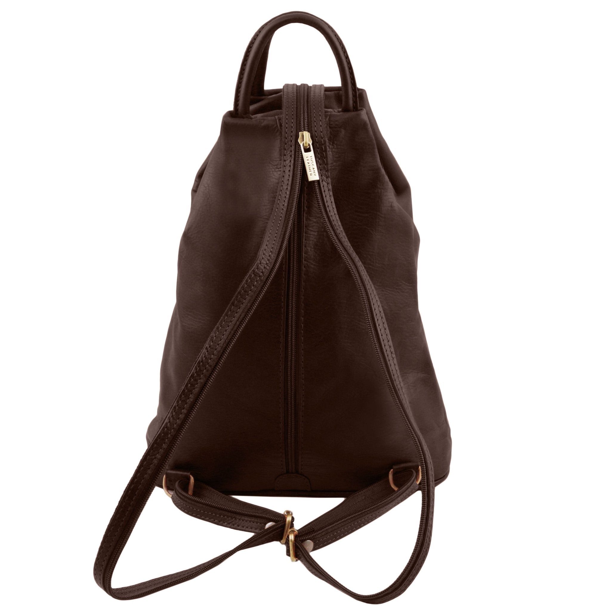 Shanghai Full Grain Leather Backpack in dark brown back view showing adjustable one to two strap back strap and main zipper
