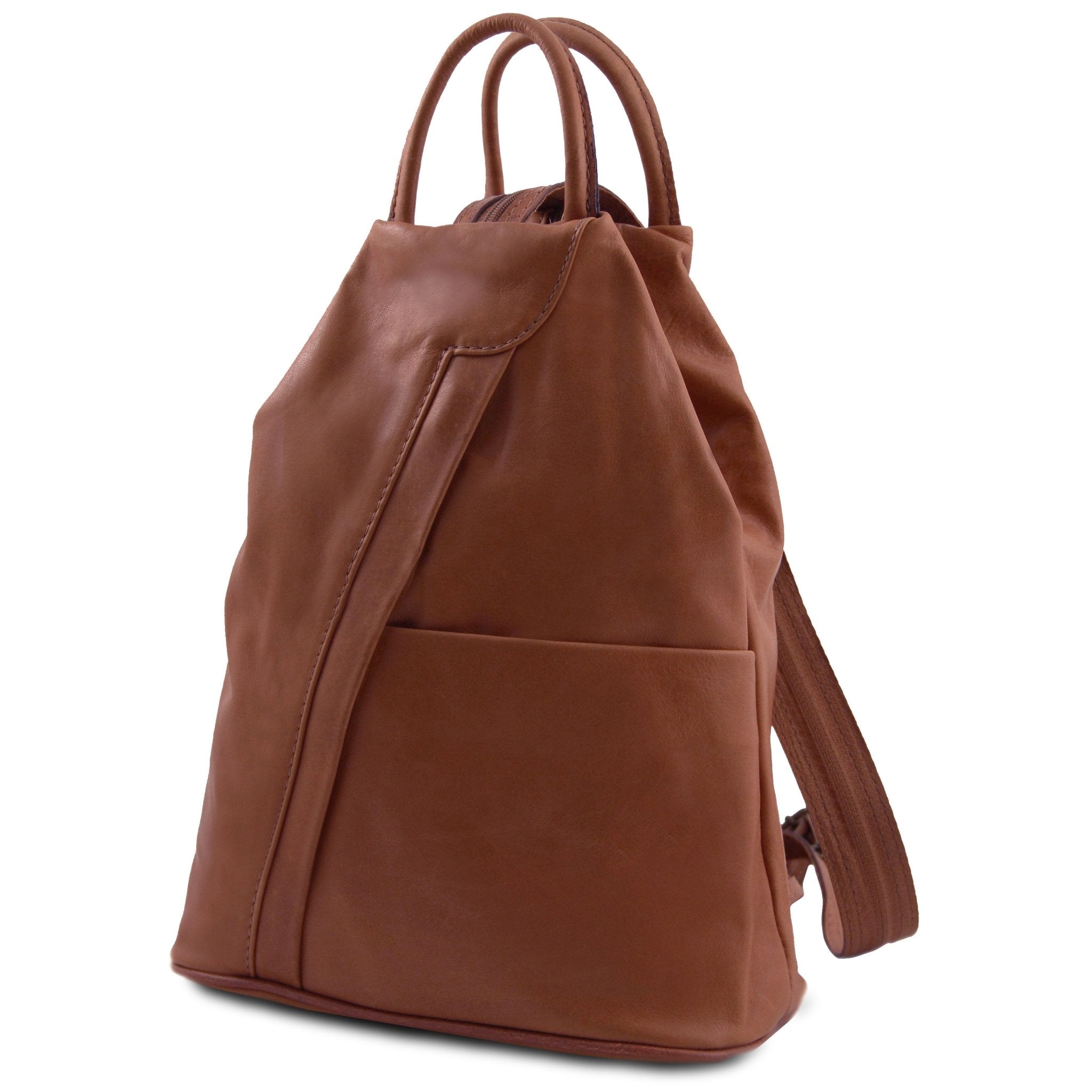Shanghai Full Grain Leather Backpack in brown front angled view showing front angled zip and open pockets