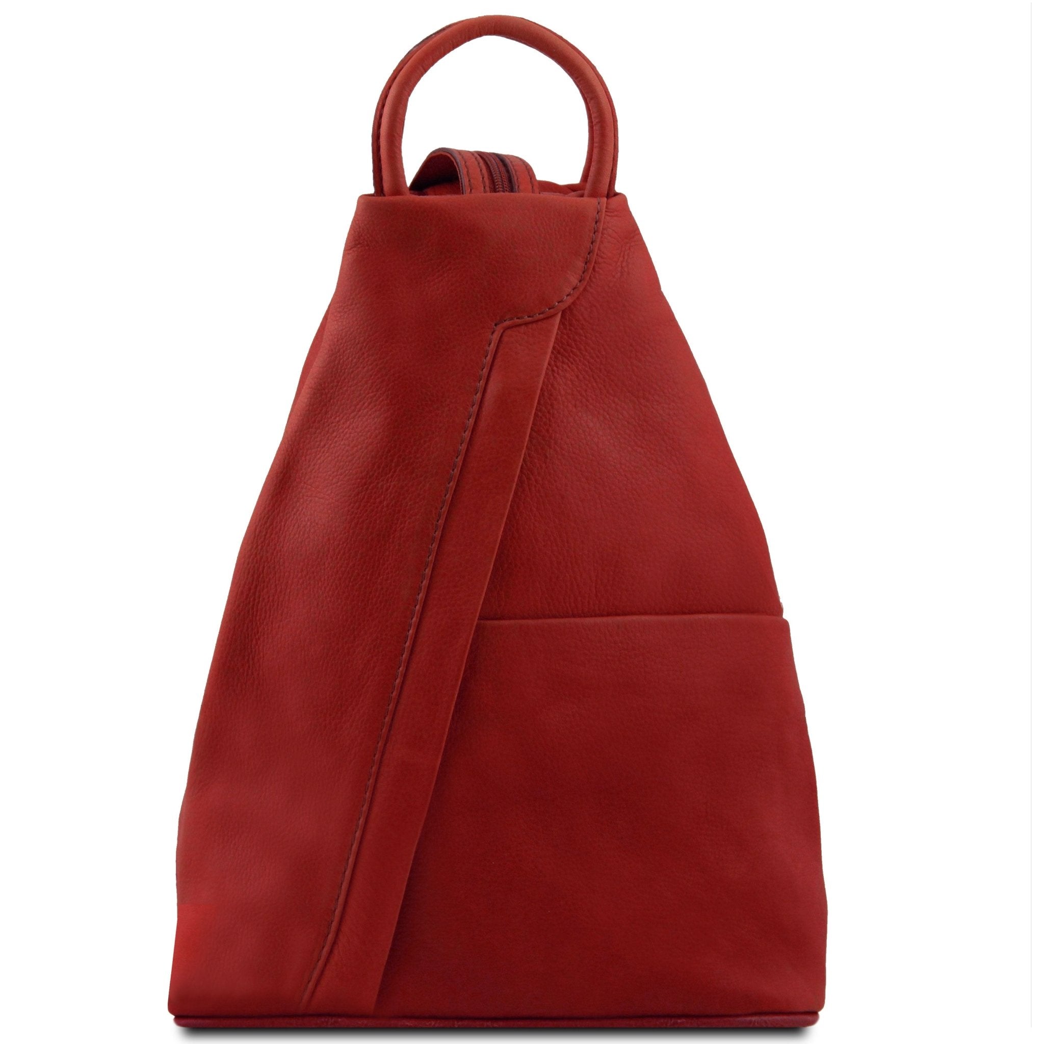 Shanghai Full Grain Leather Backpack in red front view showing front angled zip and open pocket