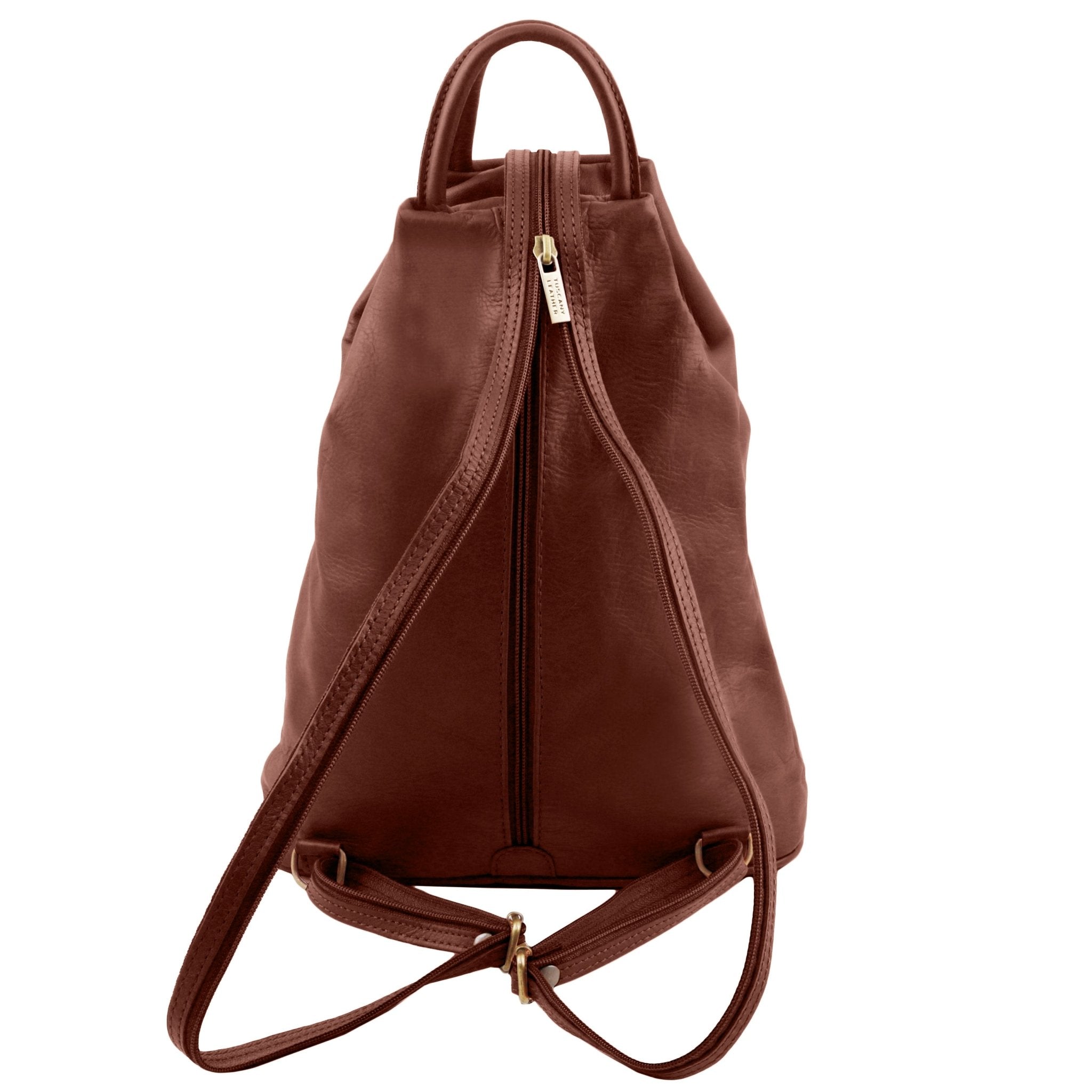 Shanghai Full Grain Leather Backpack in cinnamon back view showing adjustable one to two strap back strap and main zipper