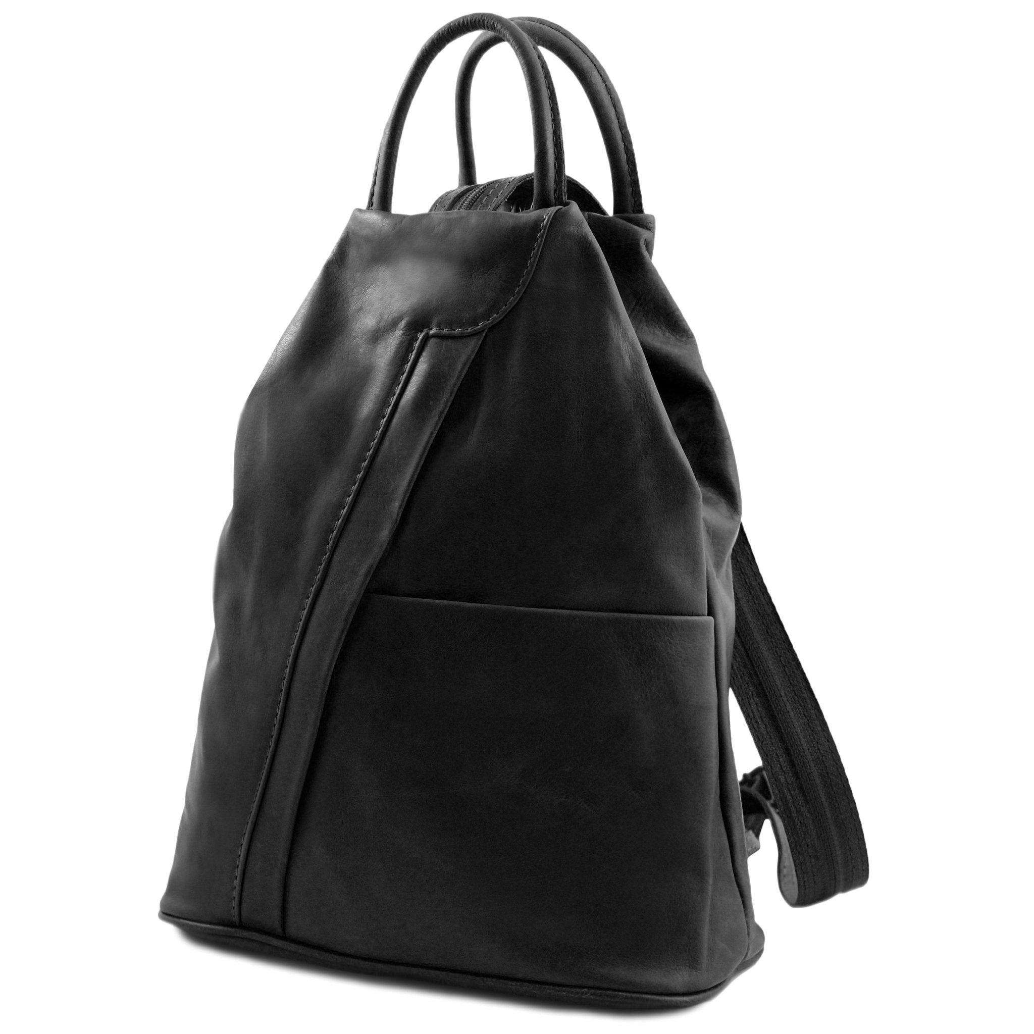 Shanghai Full Grain Leather Backpack in black front angled view showing front angled zip and open pockets