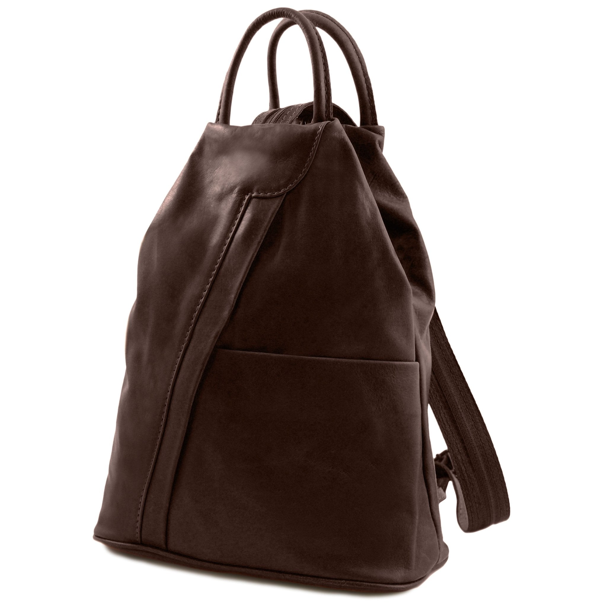 Shanghai Full Grain Leather Backpack in dark brown front angled view showing front angled zip and open pockets