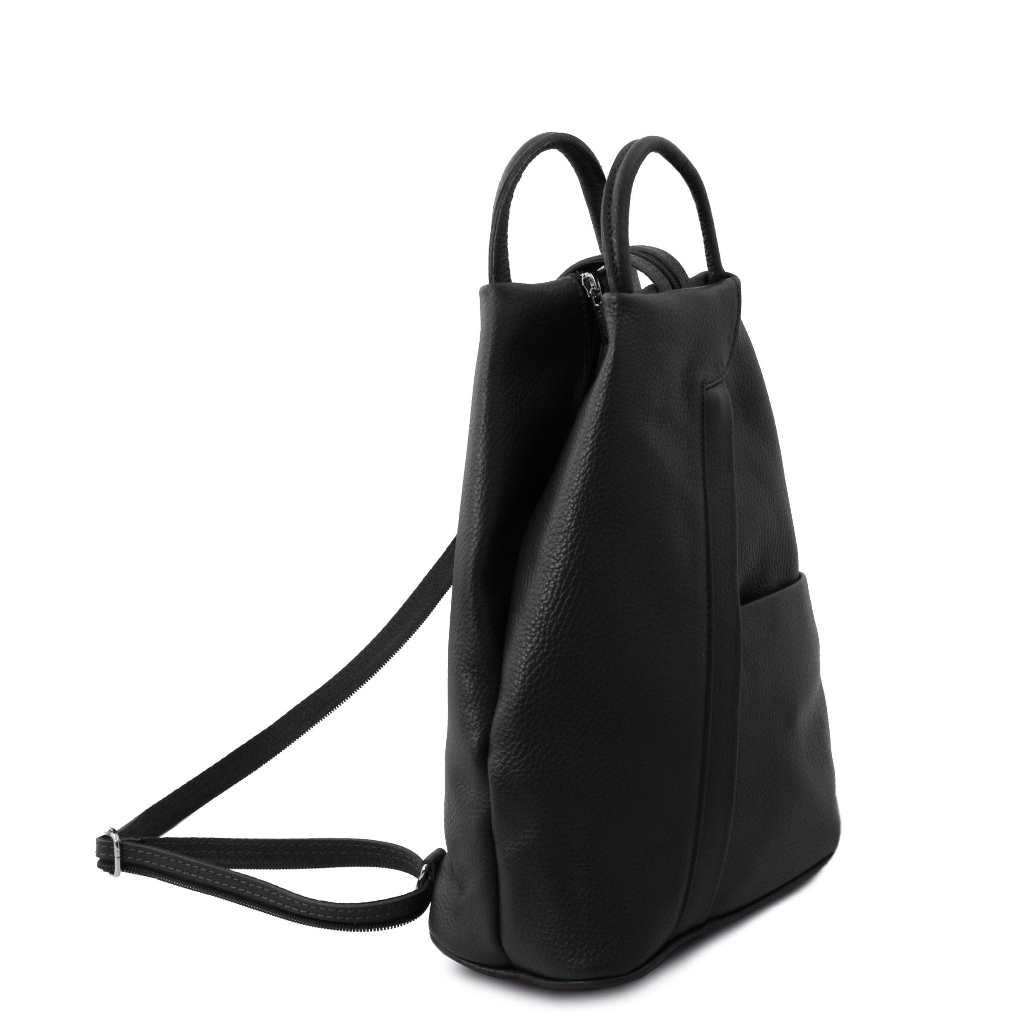 Shanghai Leather Backpack in black front angled view showing front angled zip and open pockets, handle and sling back strap