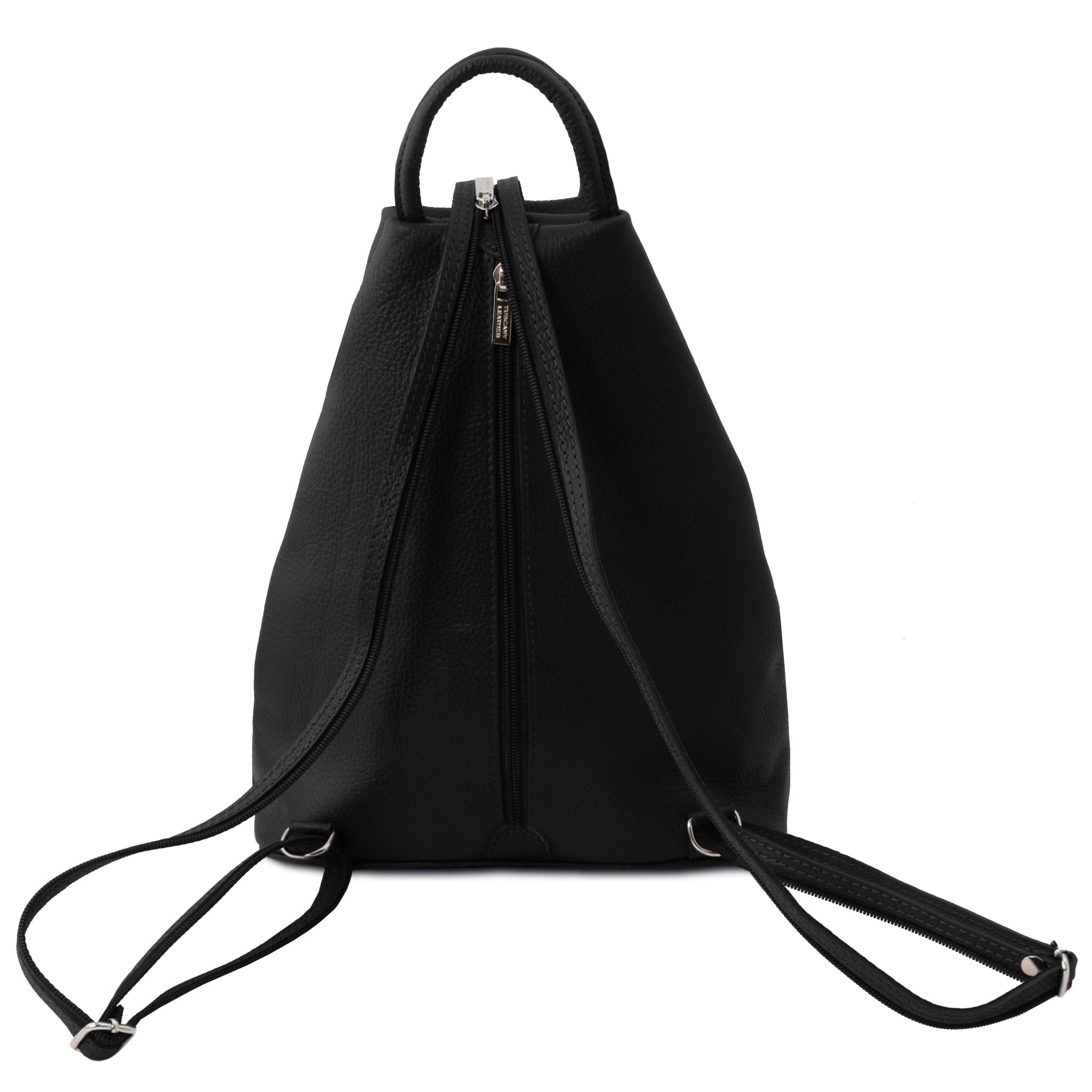 Shanghai Leather Backpack in black back view showing adjustable one to two strap back strap and main zipper