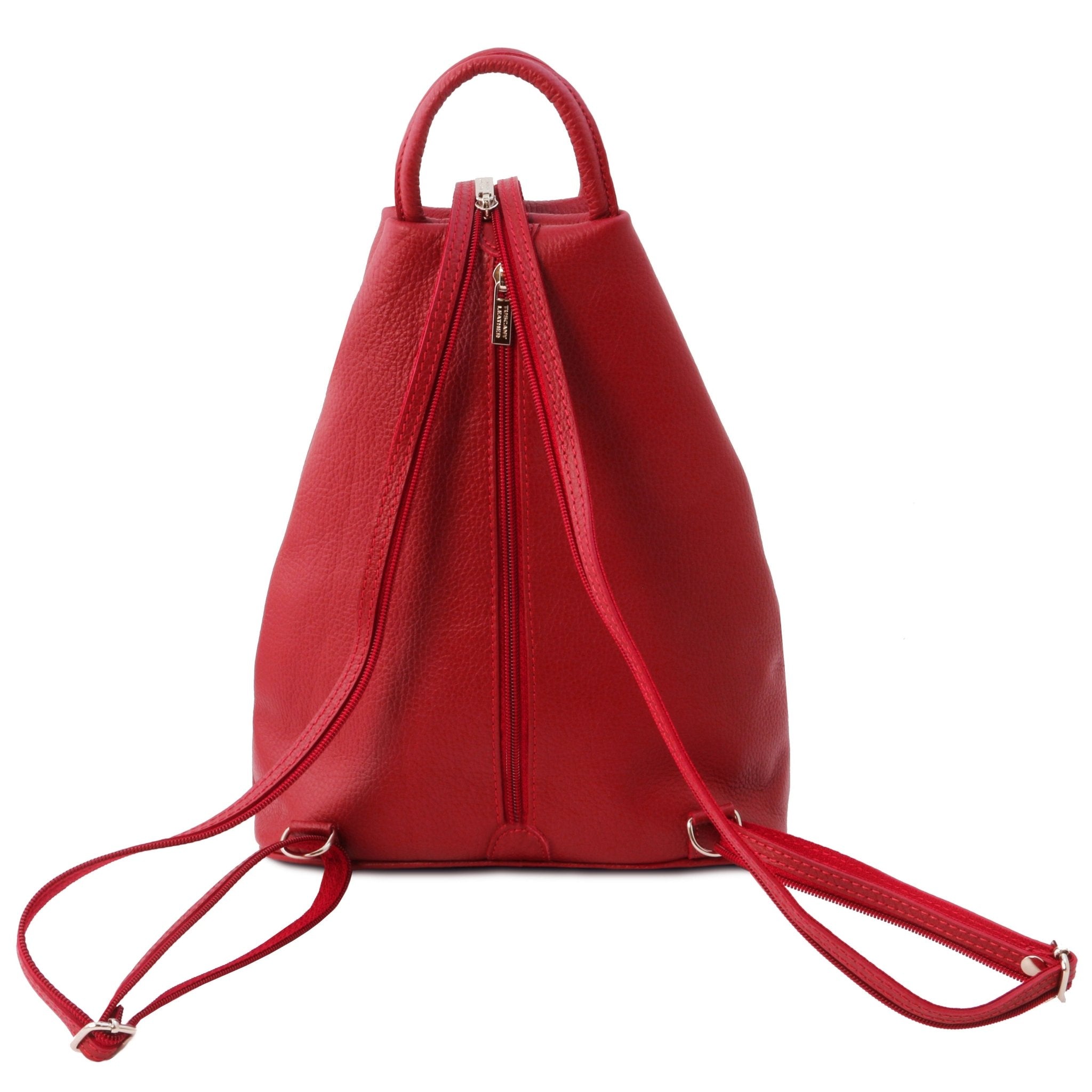 Shanghai Leather Backpack in red back view showing adjustable one to two strap back strap and main zipper