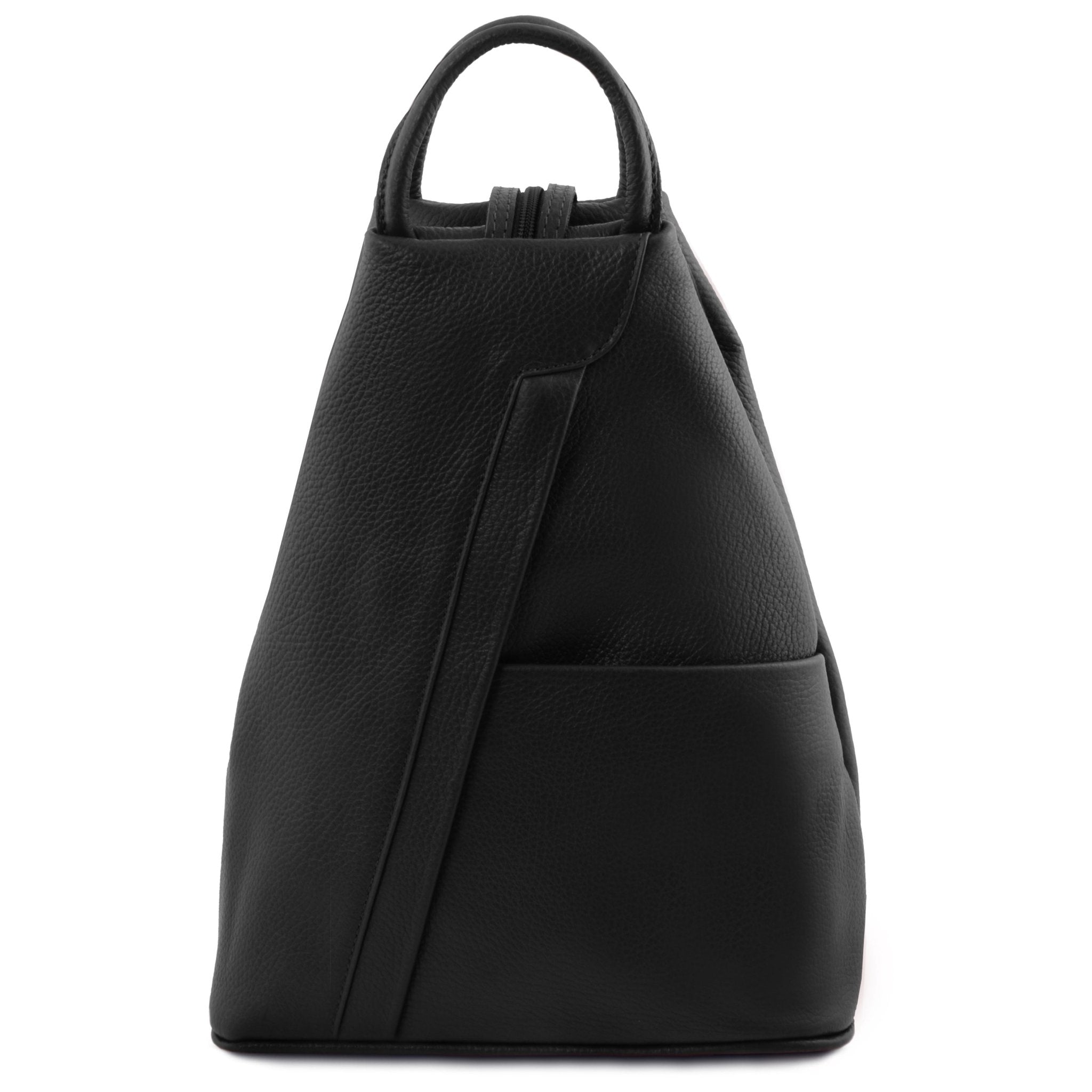 Shanghai Leather Backpack in black front view showing front angled zip, handle and open pocket