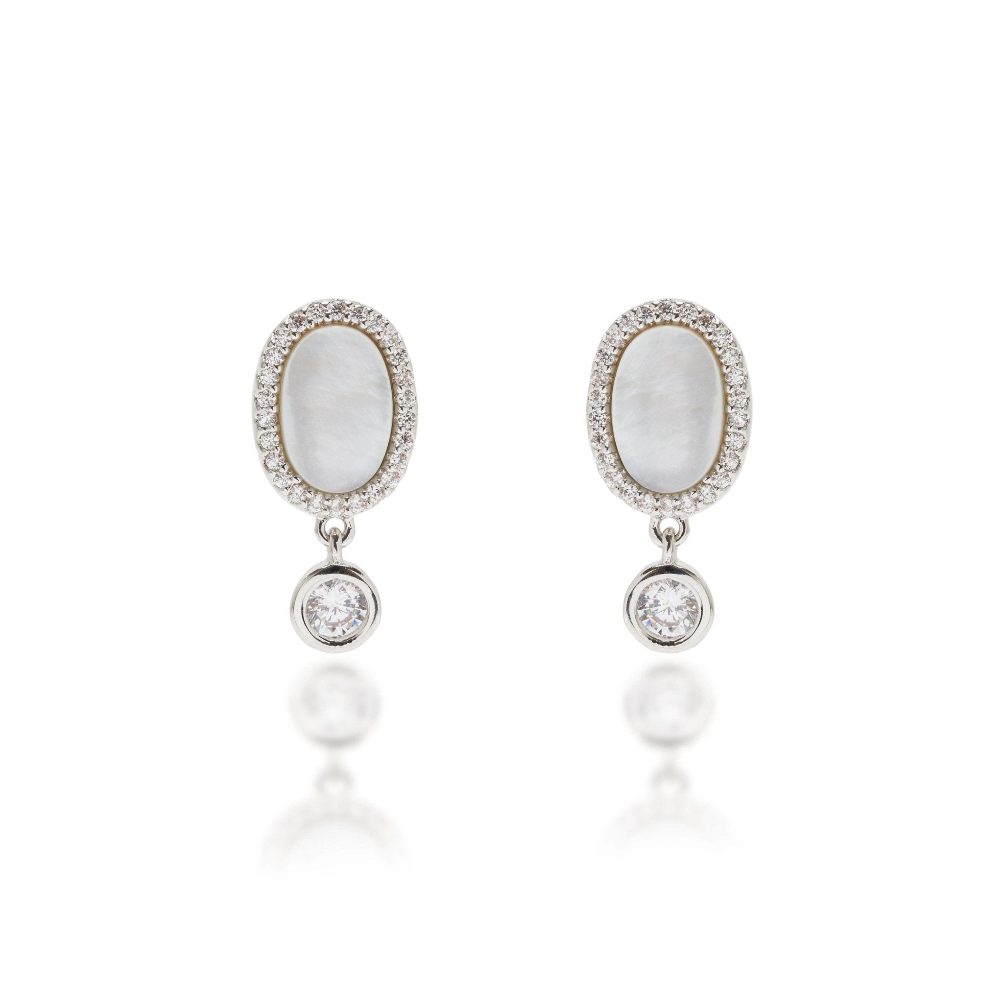 Silver and Mother of Pearl Drop Earrings on a white background