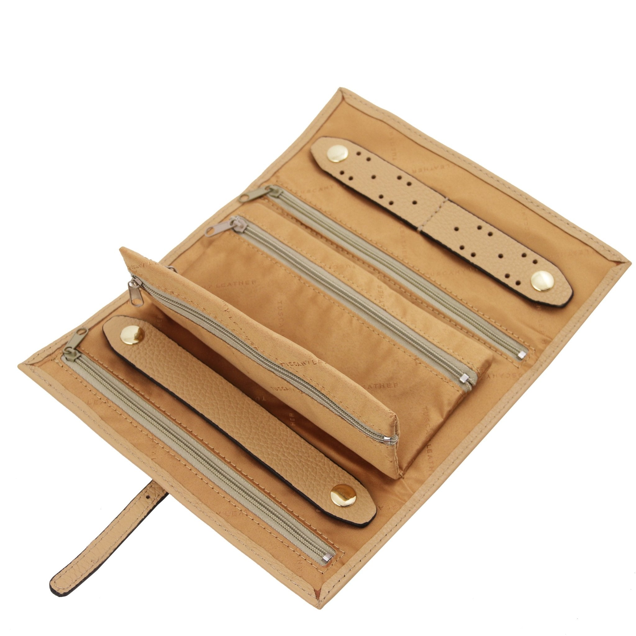 Soft Leather Jewelry Case in cognac interior with beige lining and four zippered compartments and holders