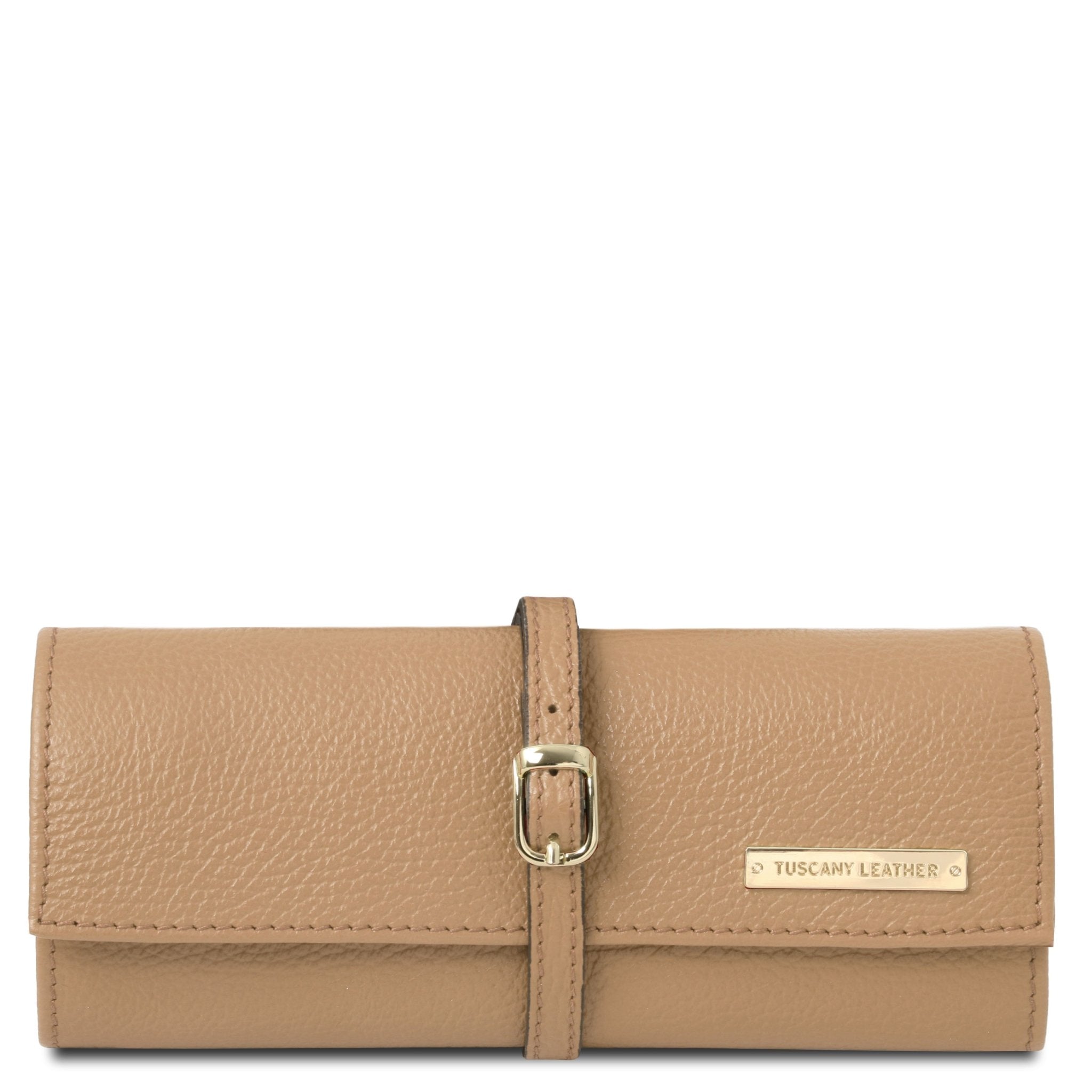 Soft Leather Jewelry Case in champagne rolled up showing buckle strap closure