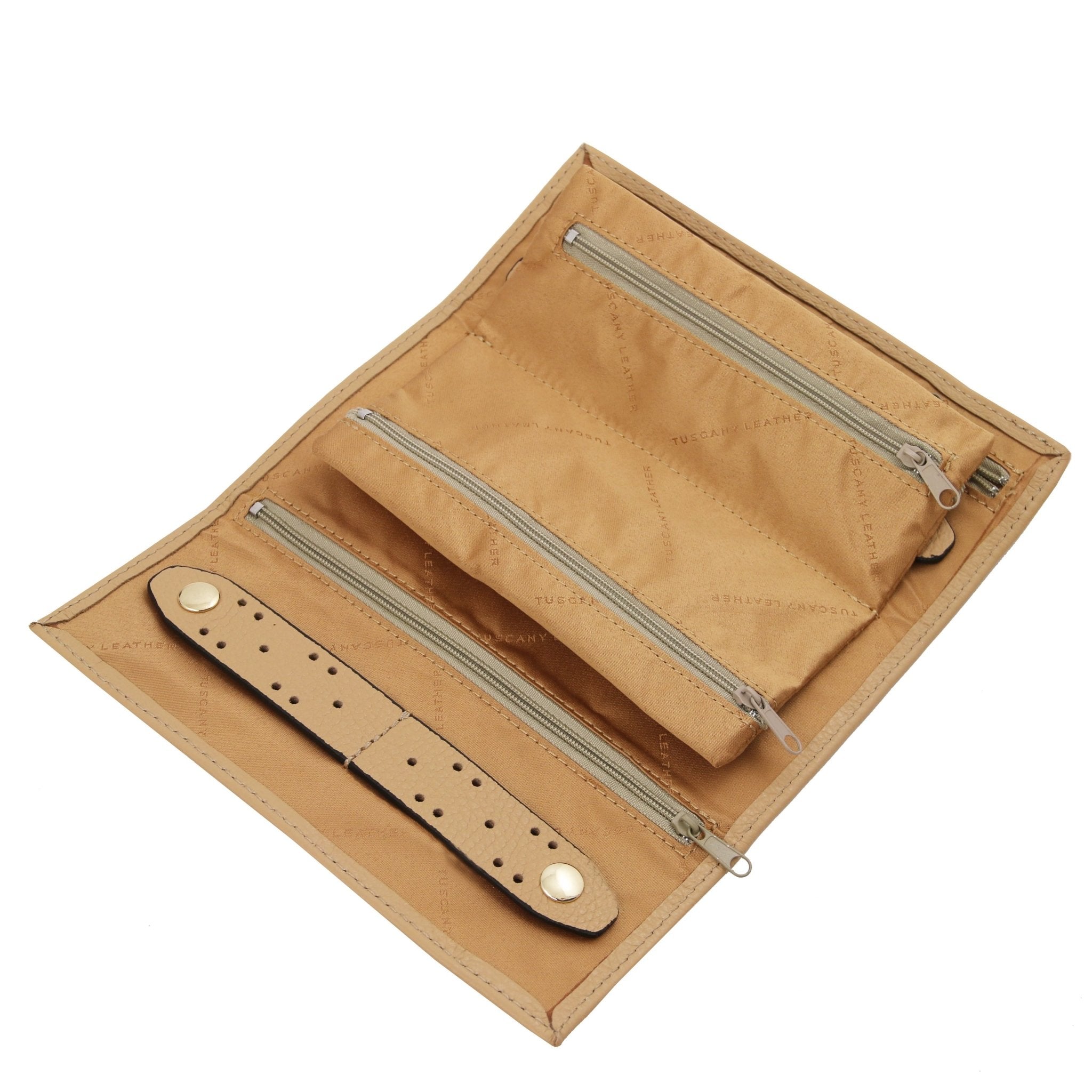Soft Leather Jewelry Case i cognac interior with beige lining and four zippered compartments and jewelry holders