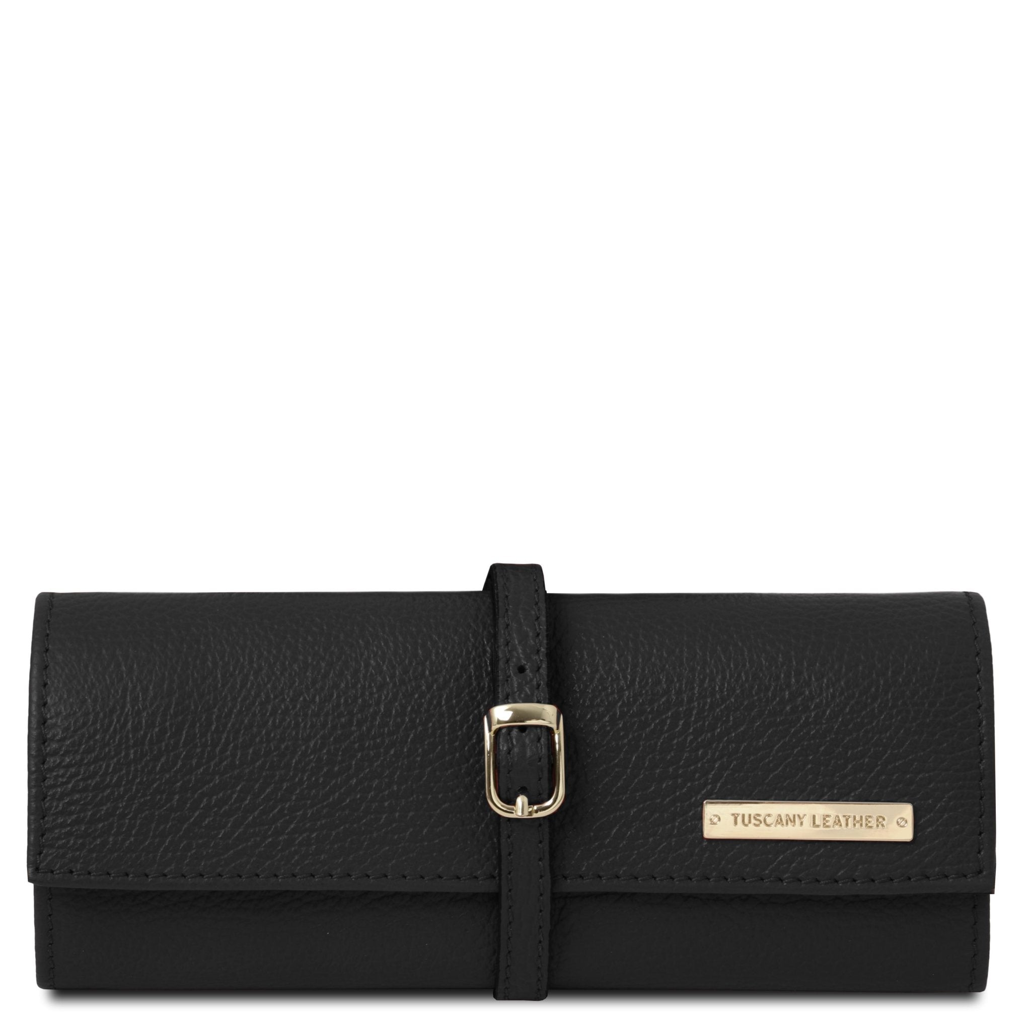 Soft Leather Jewelry Case in black rolled up showing buckle strap closure