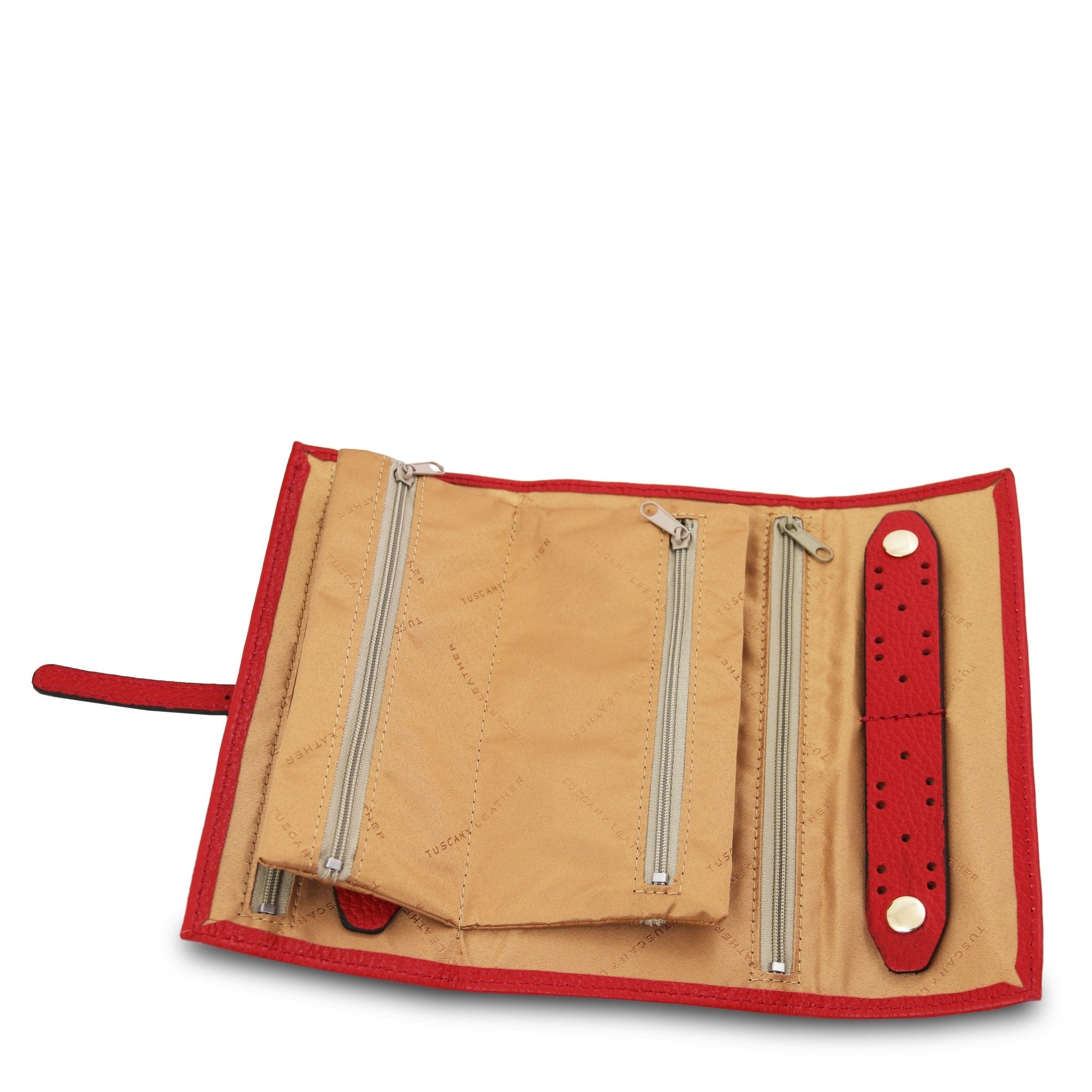 Soft Leather Jewelry Case in red interior with four zippered compartments and holders, beige polyester lining