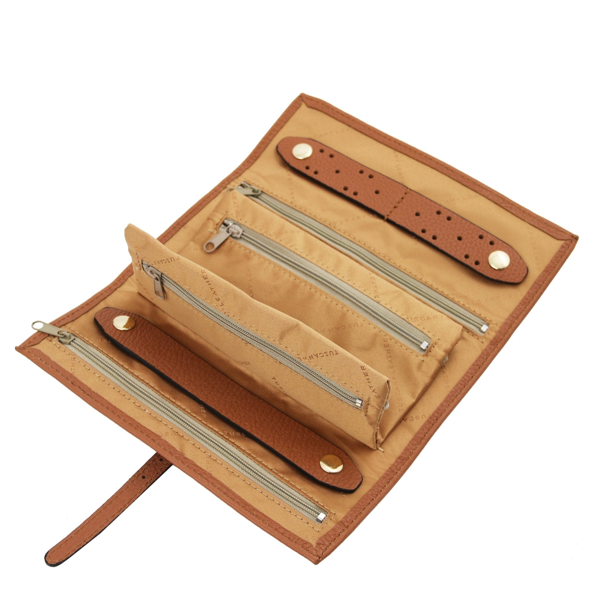 Soft Leather Jewelry Case cognac interior with four zippered compartments and holders, beige polyester lining