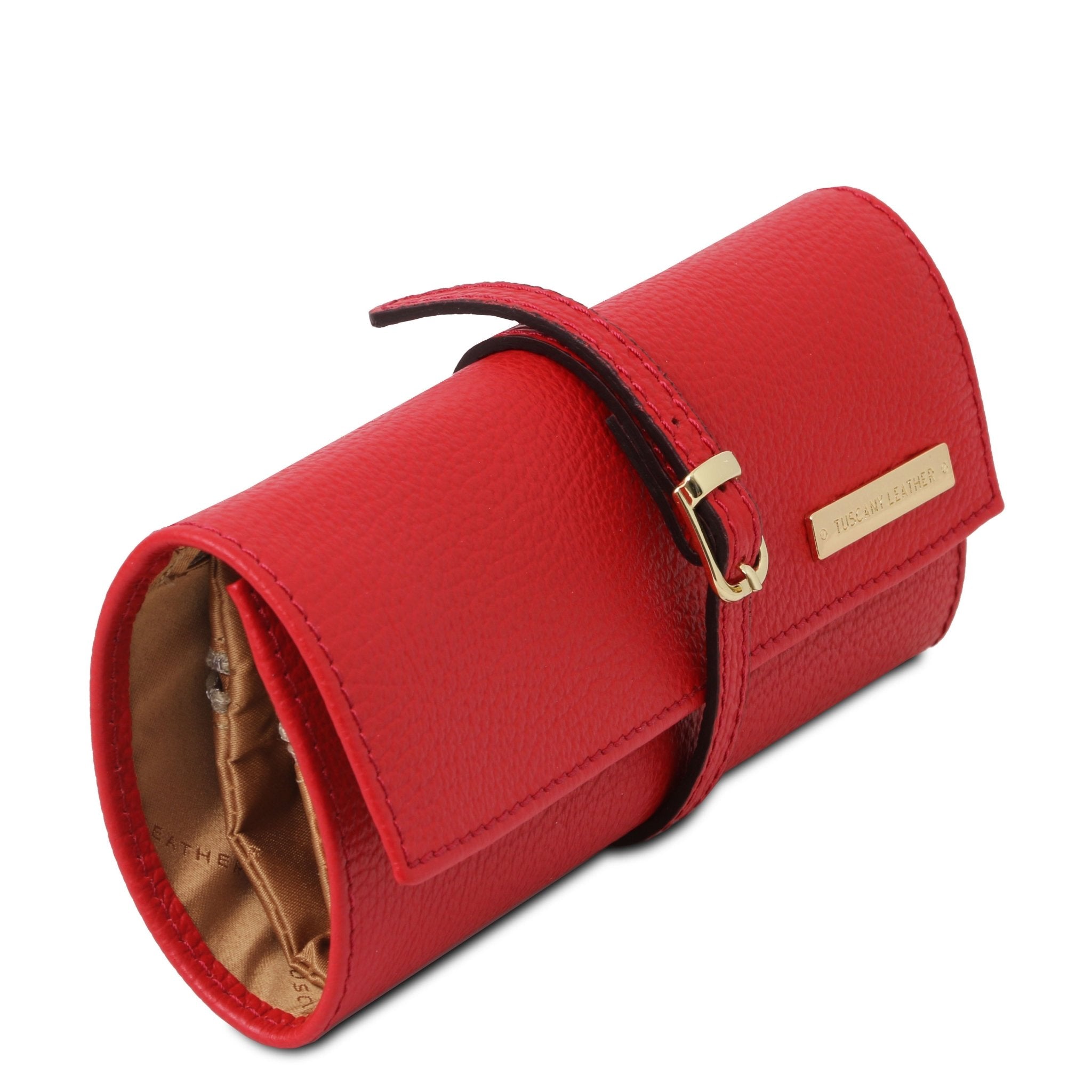 Soft Leather Jewelry Case in red rolled with buckle strap closure and beige polyester lining