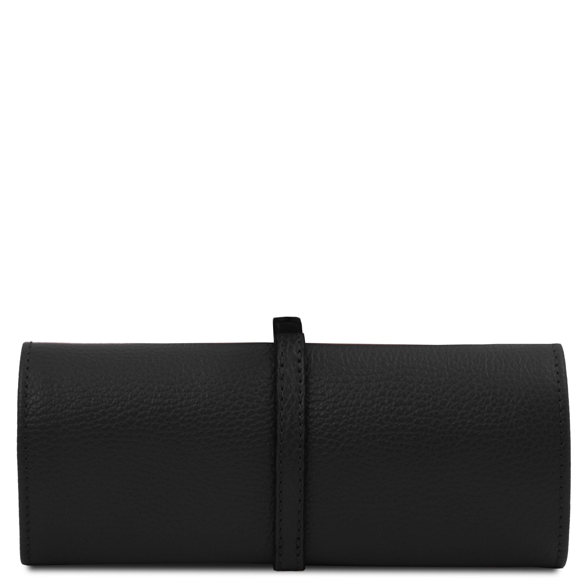 Back view Soft Leather Jewelry Case in black rolled up showing buckle strap closure