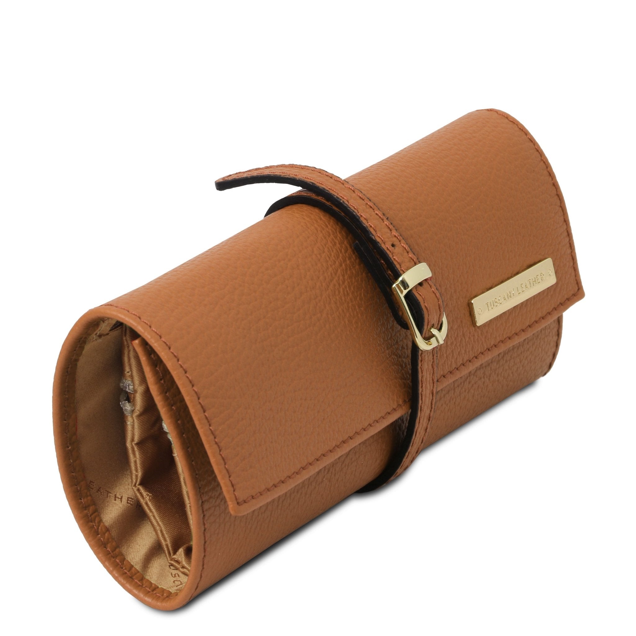 Soft Leather Jewelry Case in cognac side view on white background