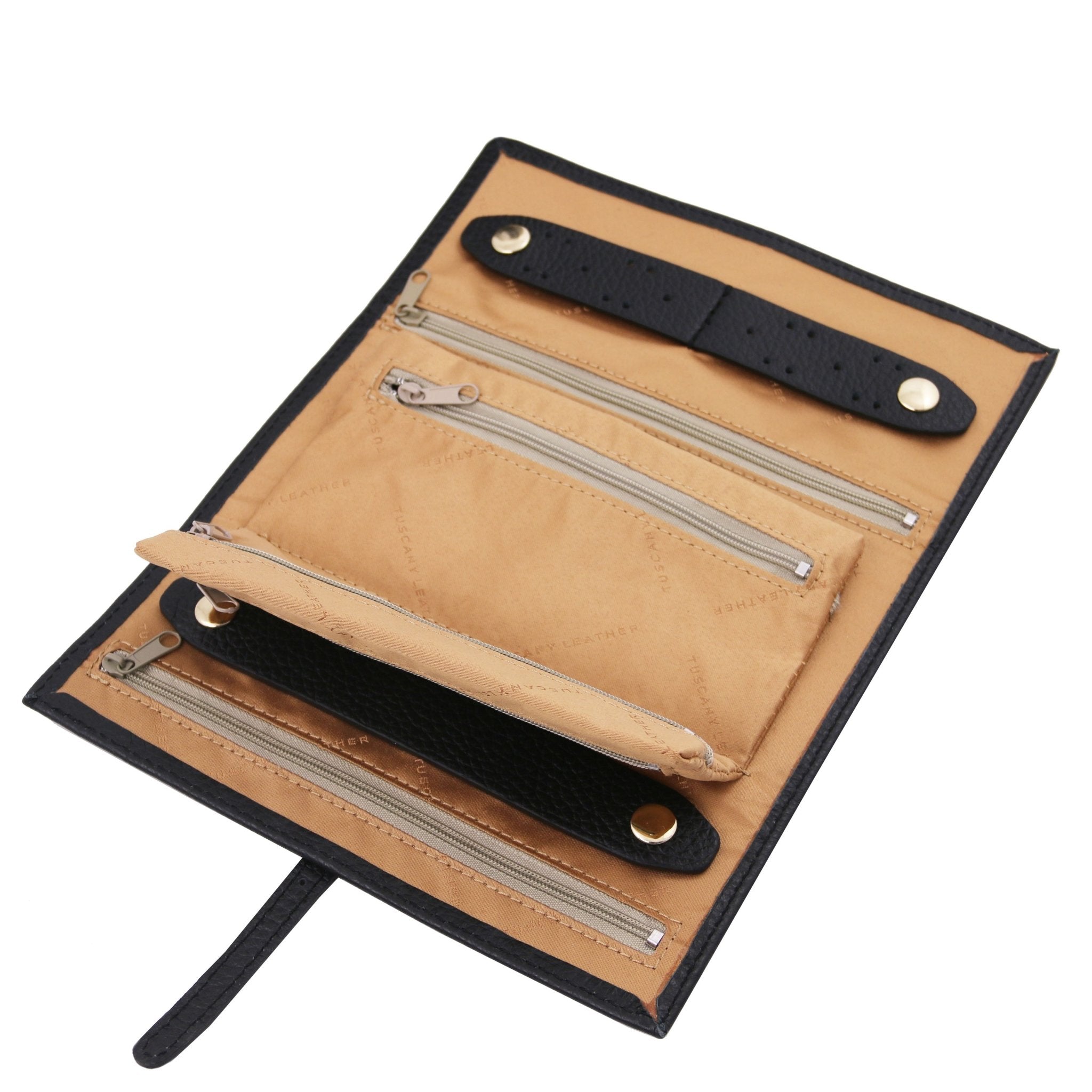 Soft Leather Jewelry Case black interior with four zippered compartments and holders, beige polyester lining