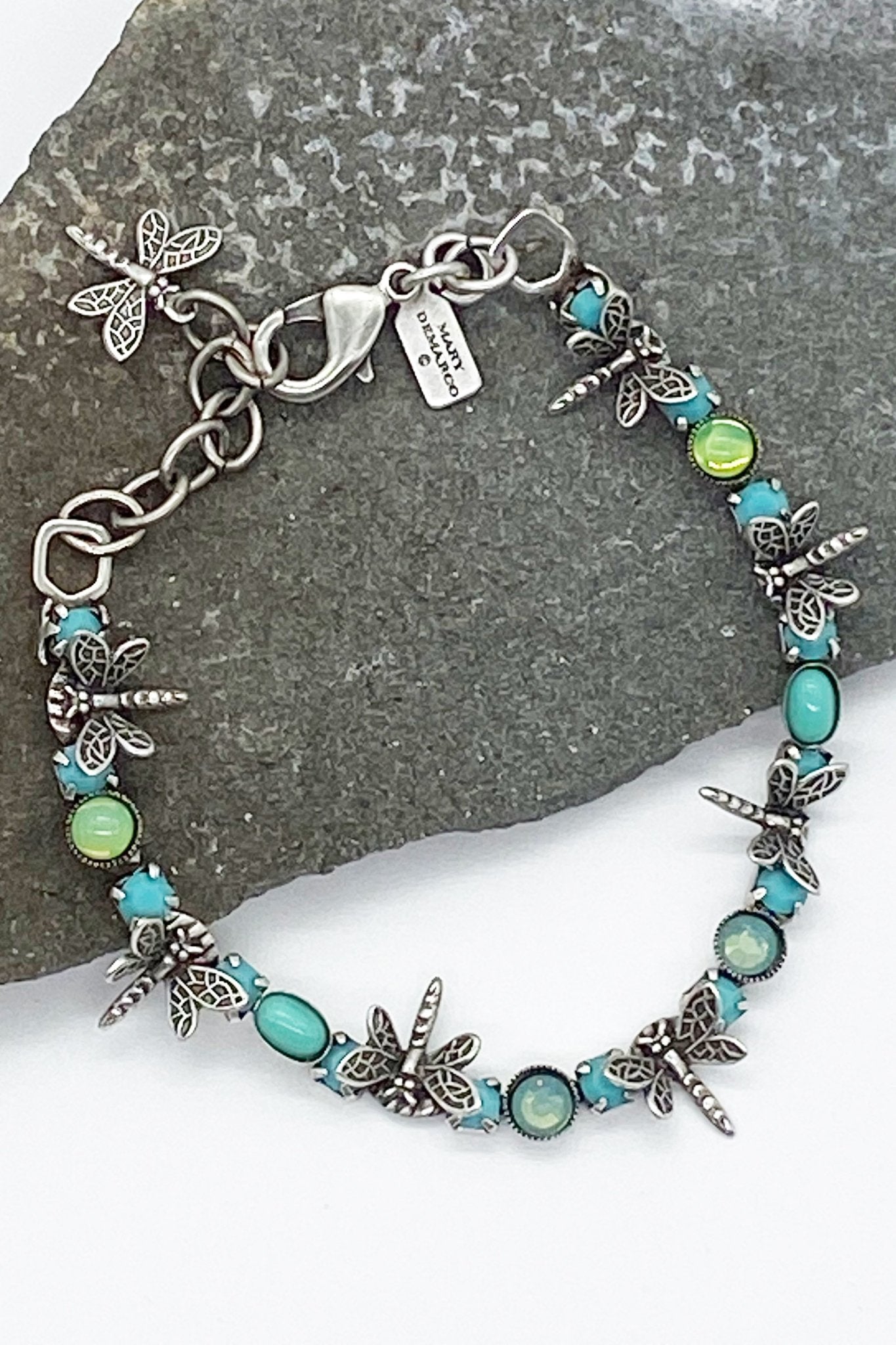 Spreads Your Wings Dragonfly Bracelet, turquoise-colored cabochons, Swarovski crystals on slate background- L'Atelier Global
