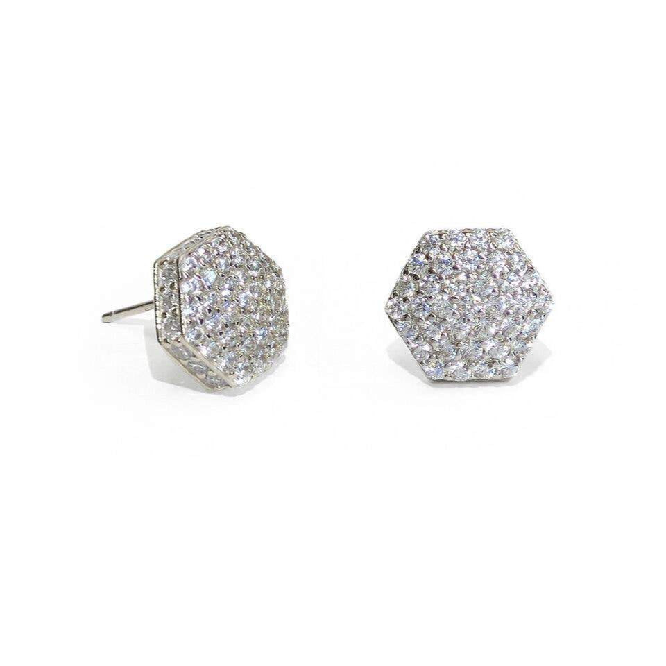 Stud Dazzle Pave Earrings in si;lver o a white background. The CZ's cover the front and sides of the earring.