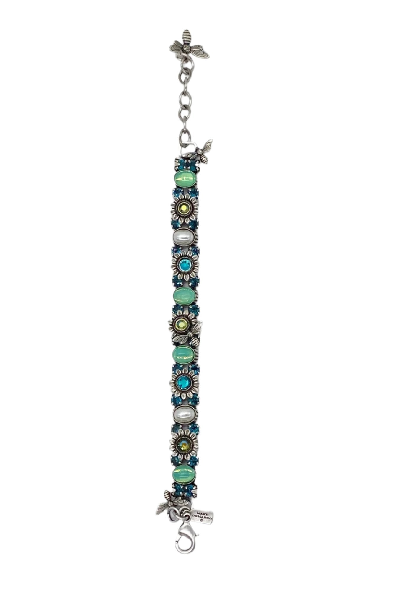 Sunflower and Bee Swarovski Crystal Bracelet in Blues & Greens on a gray background - L'Atelier Global