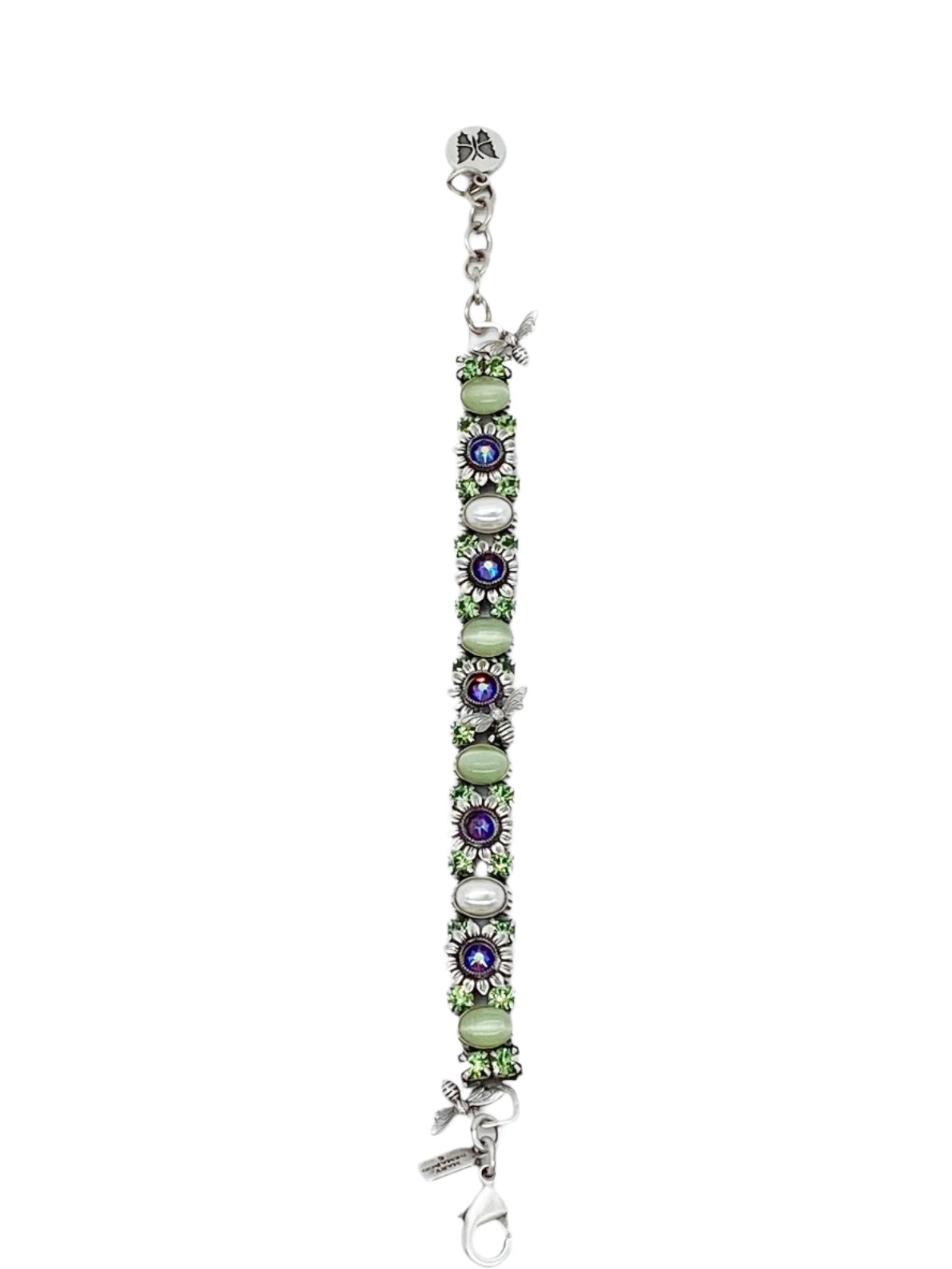 Sunflower and Bee Swarovski Crystal Bracelet in Greens & Purples on a white background - L'Atelier Global