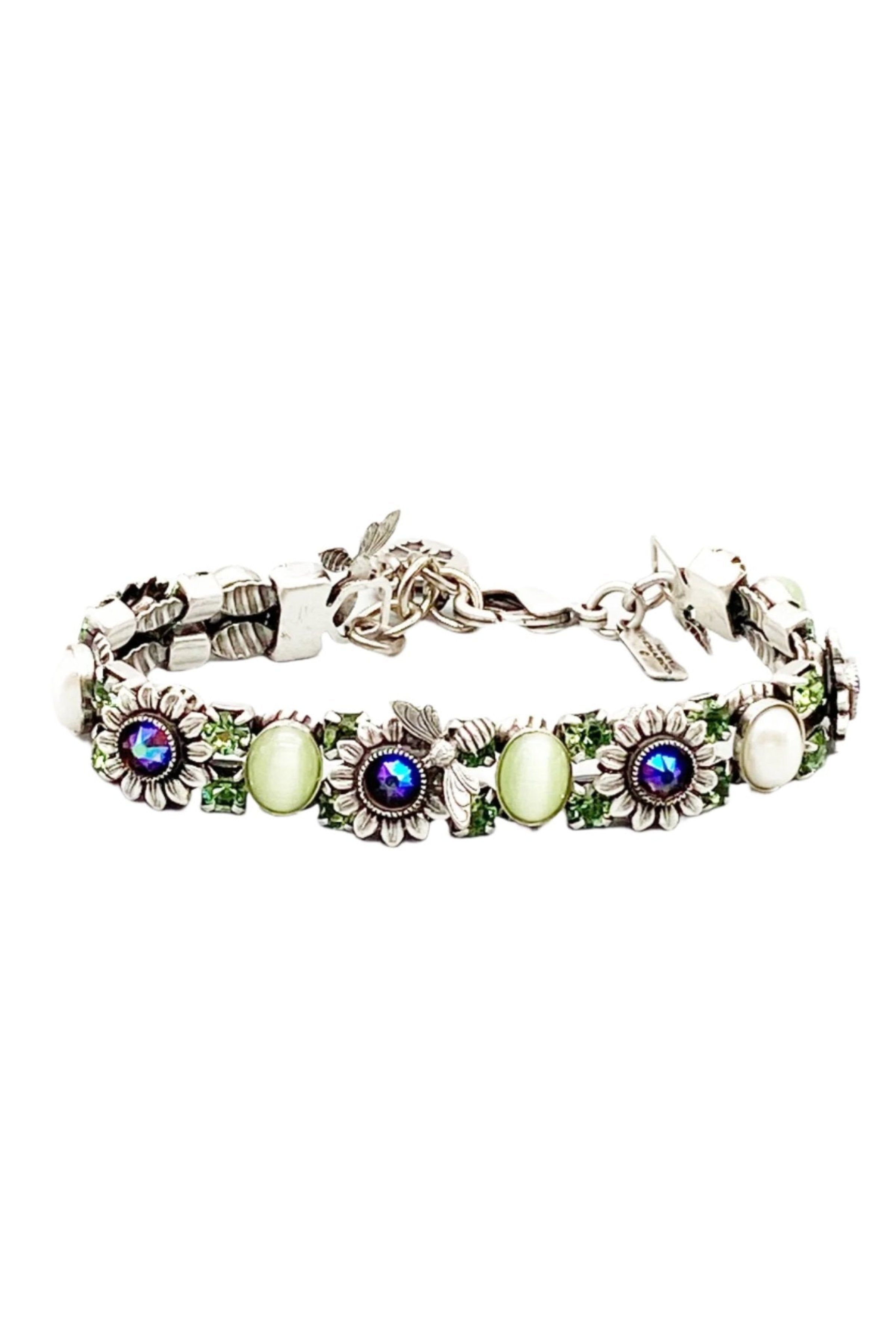 Sunflower and Bee Swarovski Crystal Bracelet in Greens & Purples on a white background