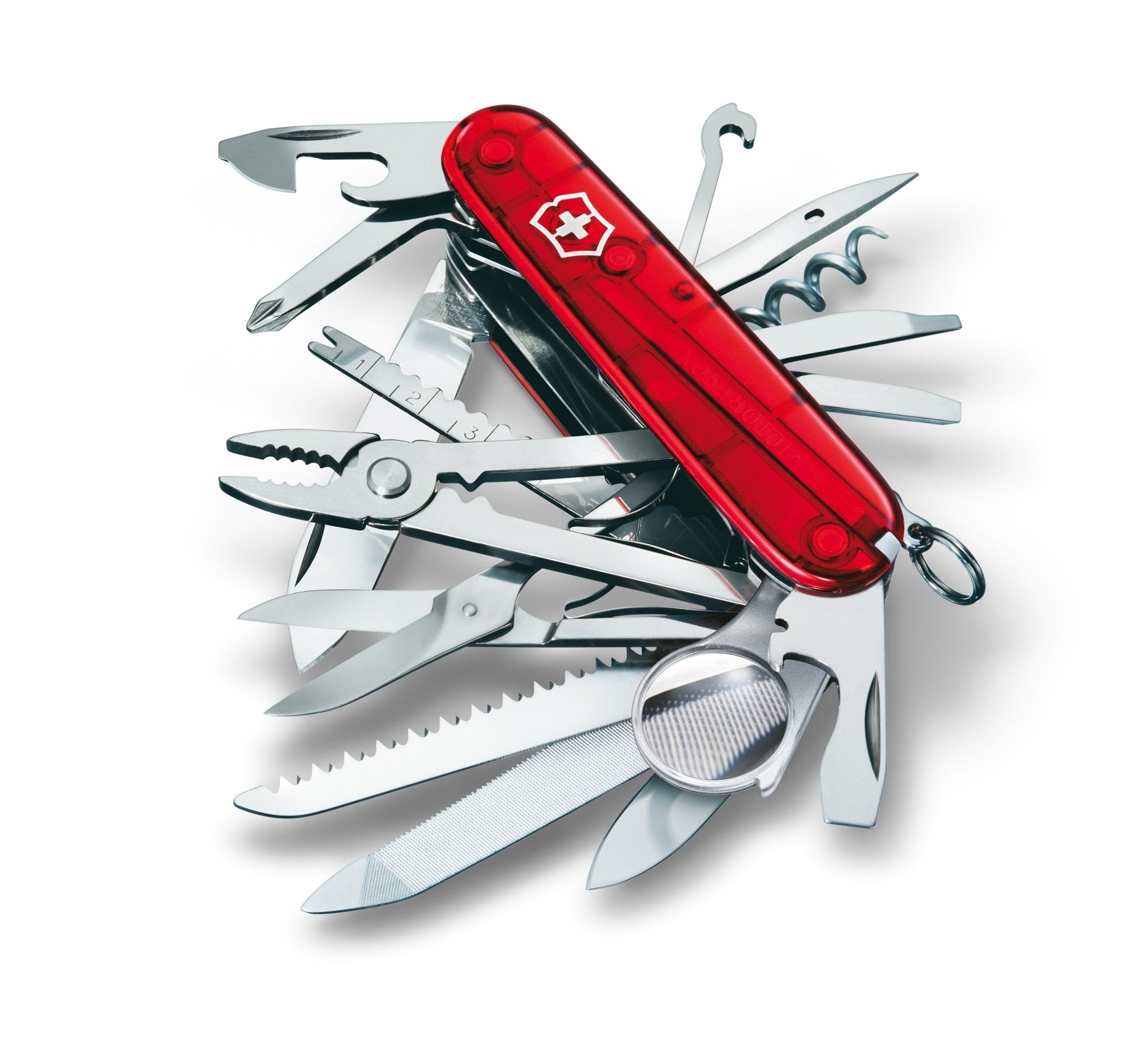 Swiss Champ Pocket Knife on a white background with all of its tools on display- L'Atelier Global