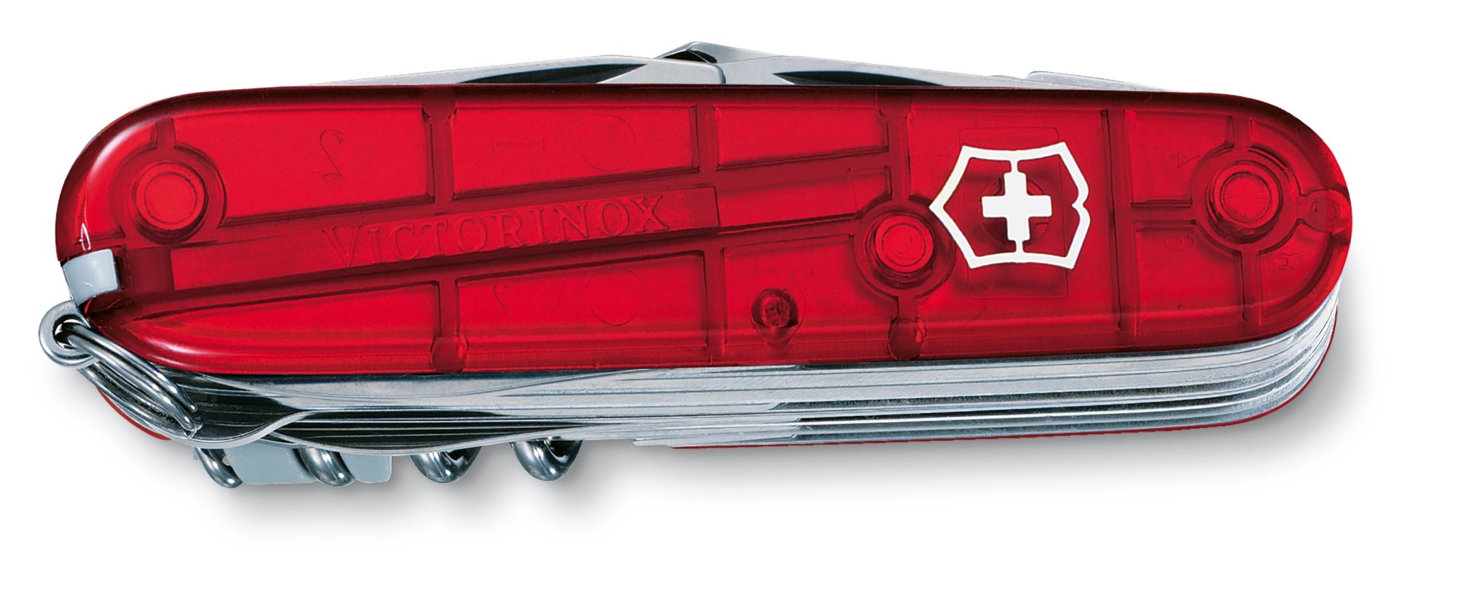 Swiss Champ Pocket Knife on a white background -with tools secured inside red cover - L'Atelier Global