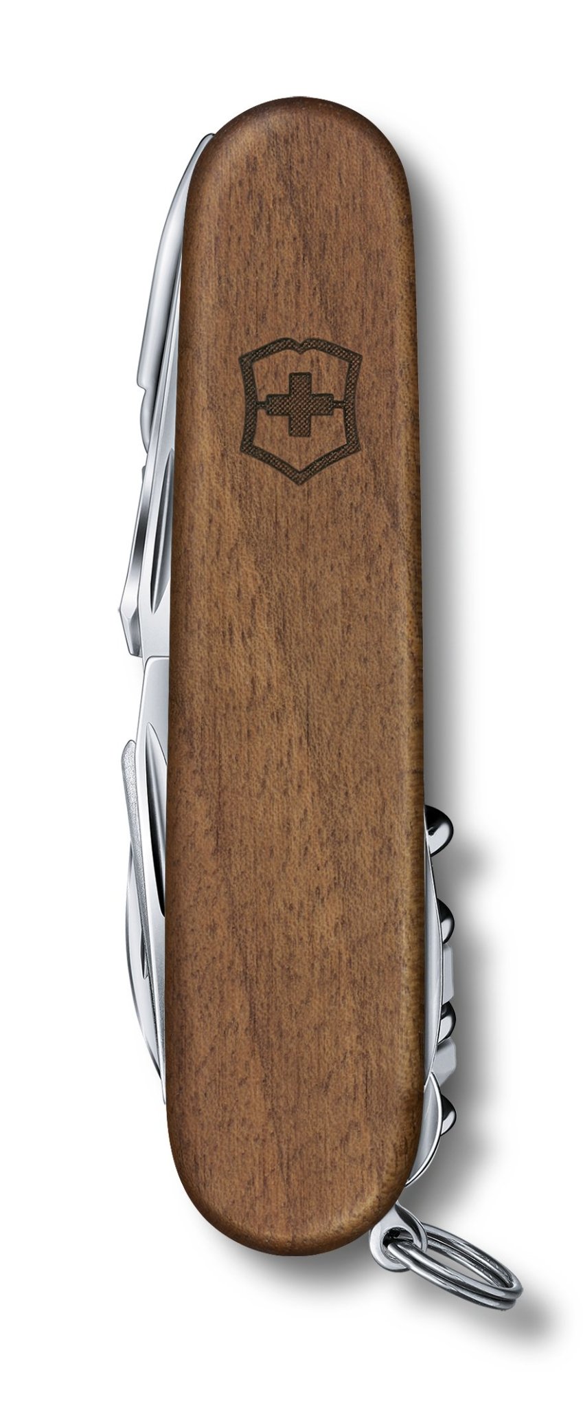 Swiss Champ Walnut Wood Pocket Knife shown closed with tools secured inside.