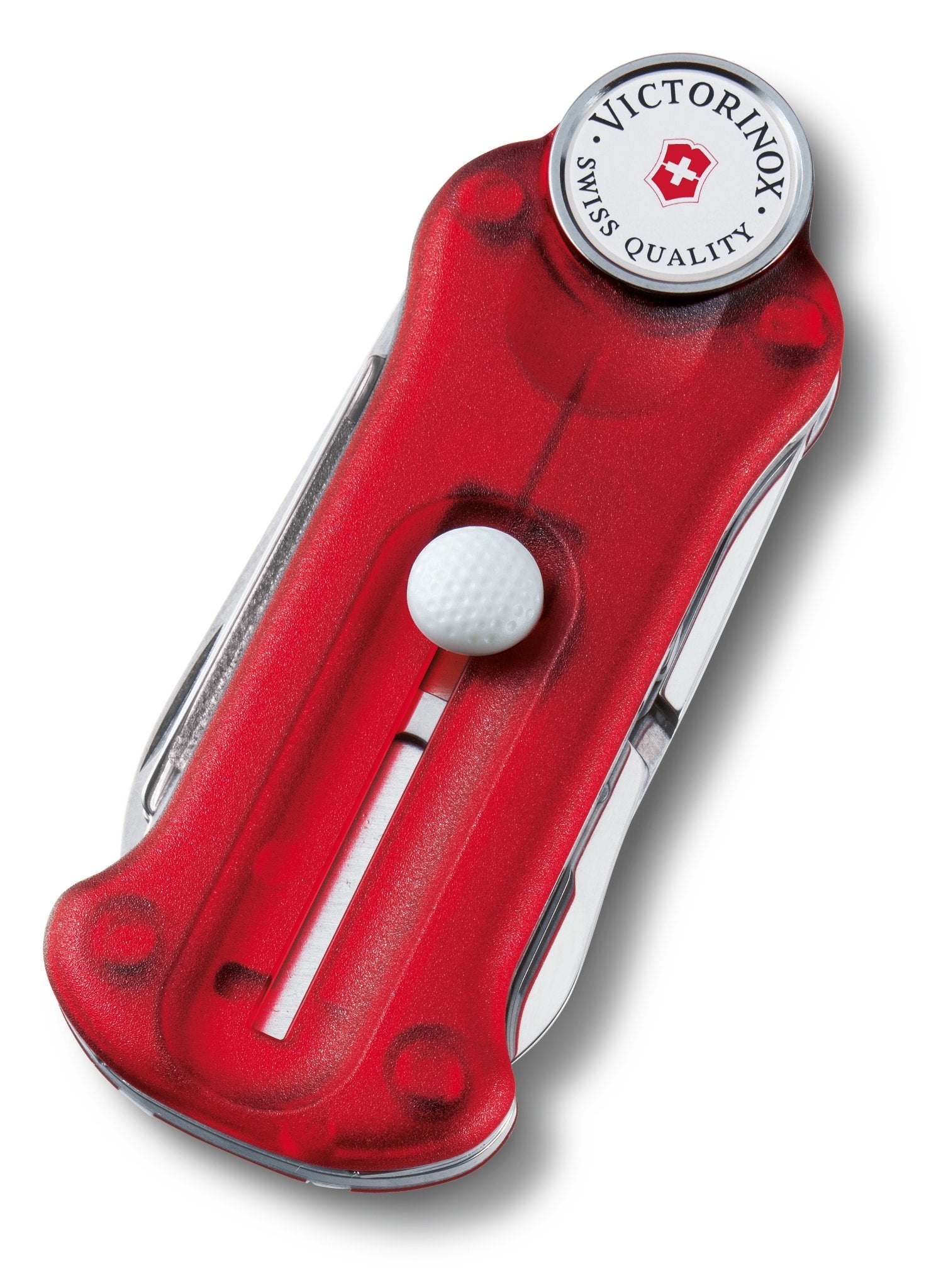 Swiss Golf Tool fully closed on a white background, displaying the Victorinox logo on the housed ball marker.