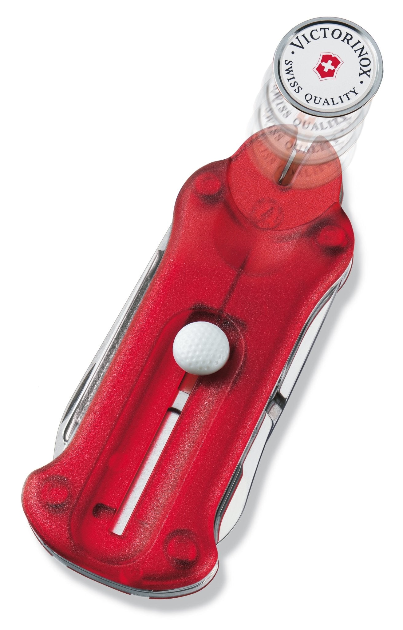 Swiss Golf Tool on a white background with the ball marker shown detached, with the Victorinox logo.