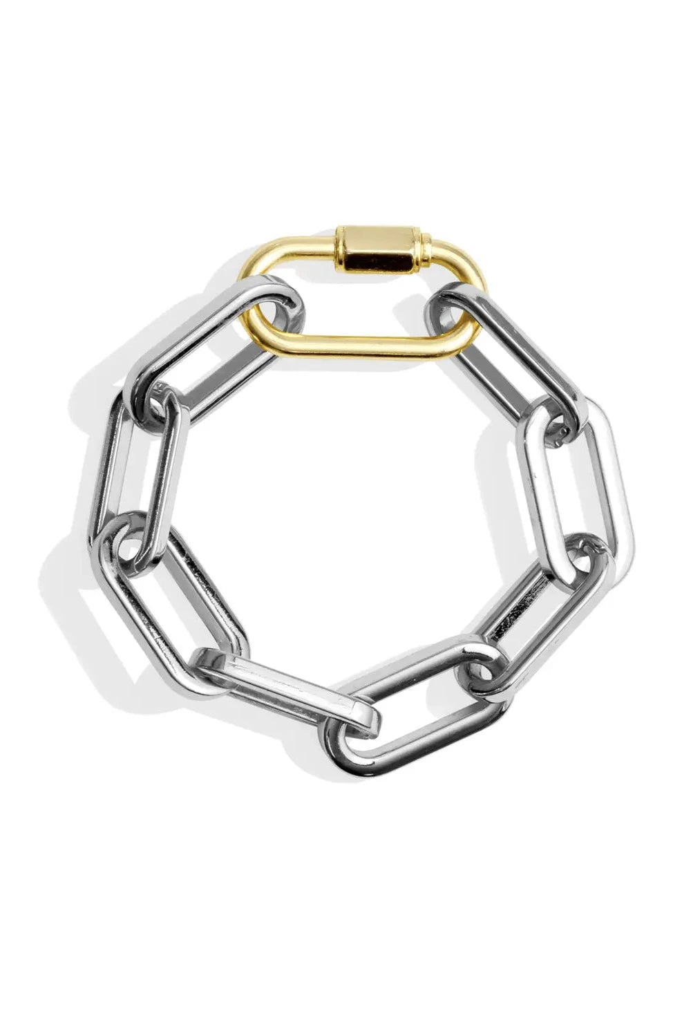 Tempe Chunky Cable Link Bracelet in silver with a gold carabiner on a white background.