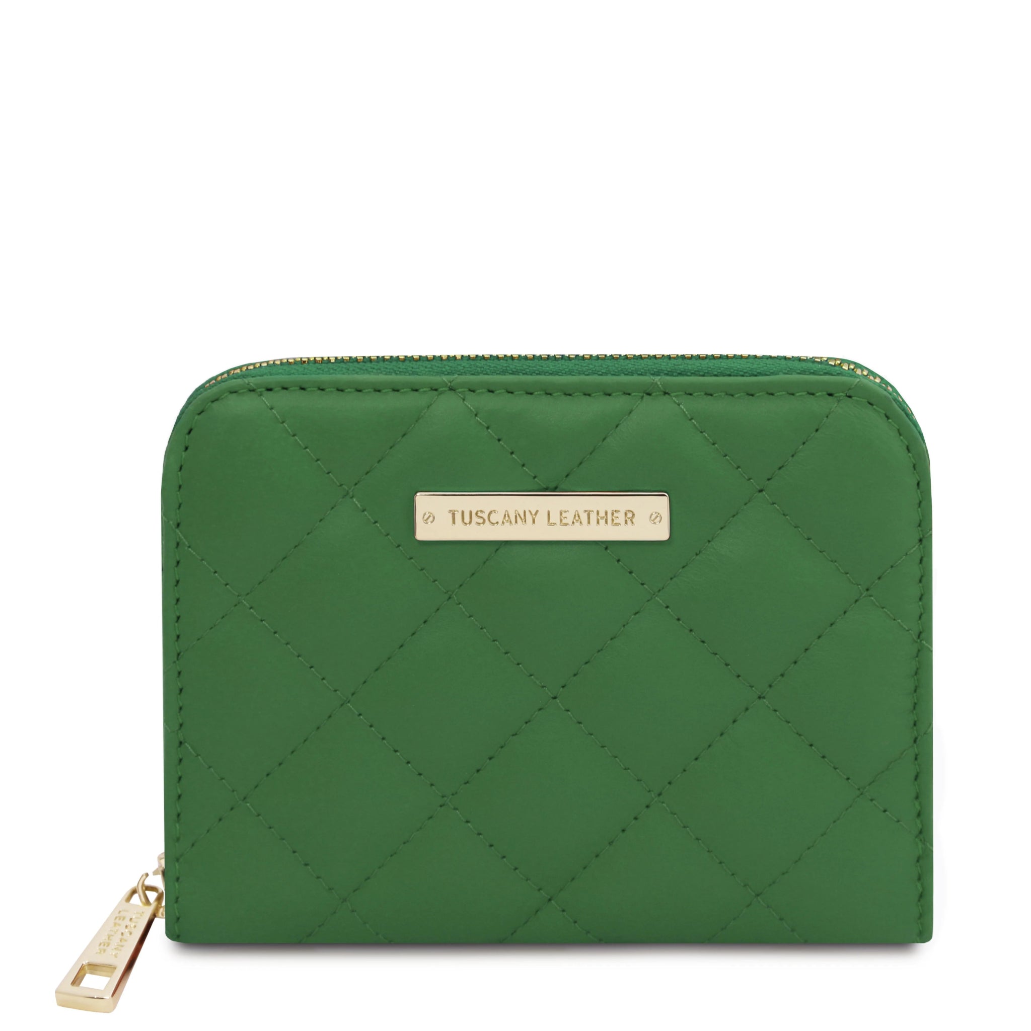 Front View Teti Exclusive three side Zip Around Soft Italian Leather Wallet in green on a white background