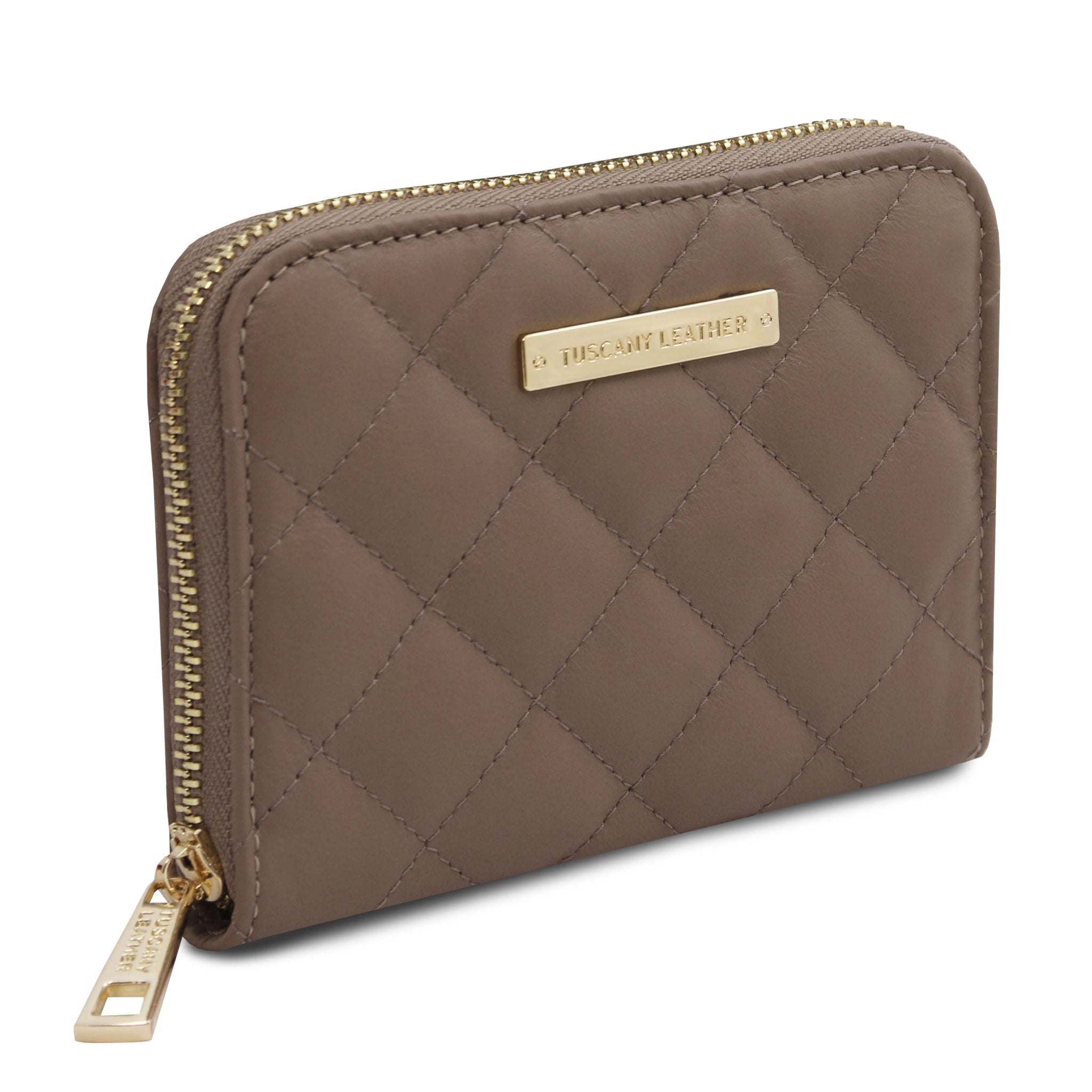 Front Side View Teti Exclusive three side Zip Around Soft Italian Leather Wallet in Taupe on a white background