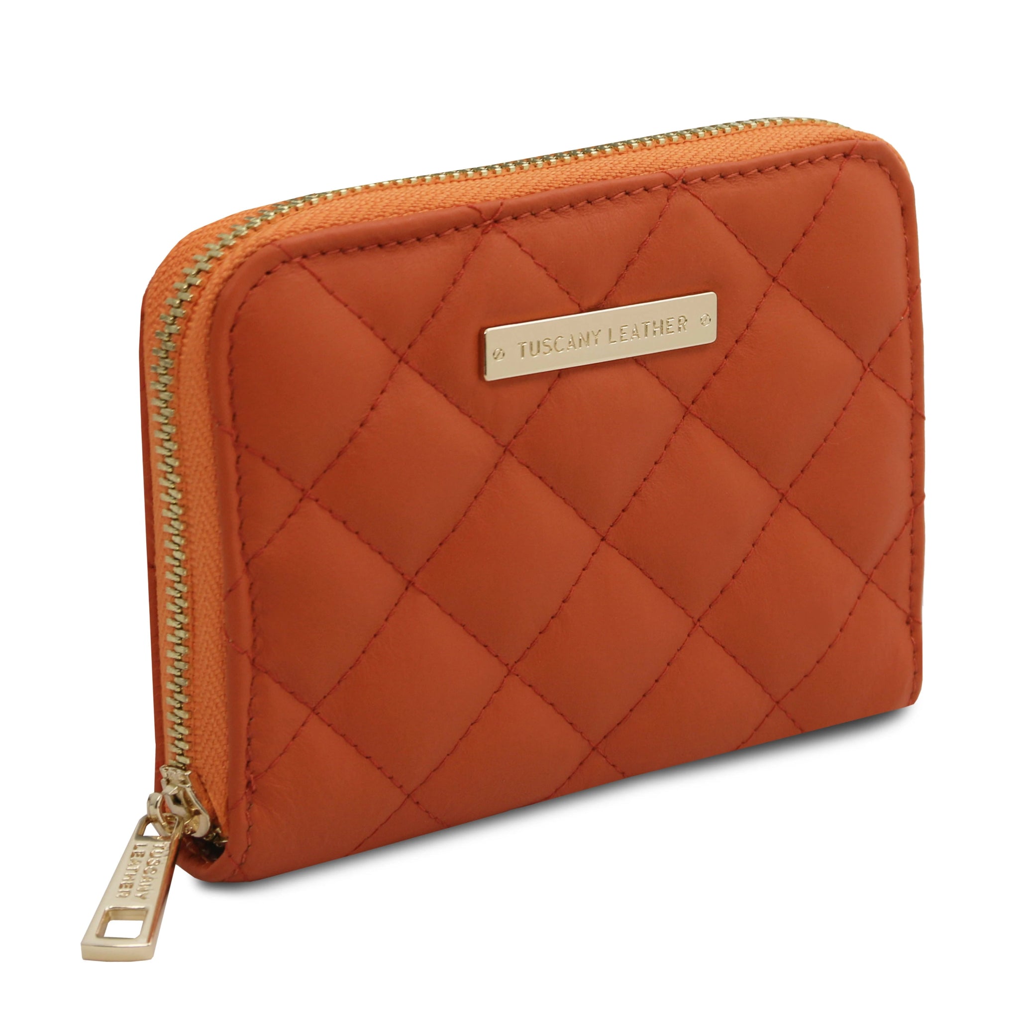 Front View Teti Exclusive three side Zip Around Soft Italian Leather Wallet in Orange on a white background
