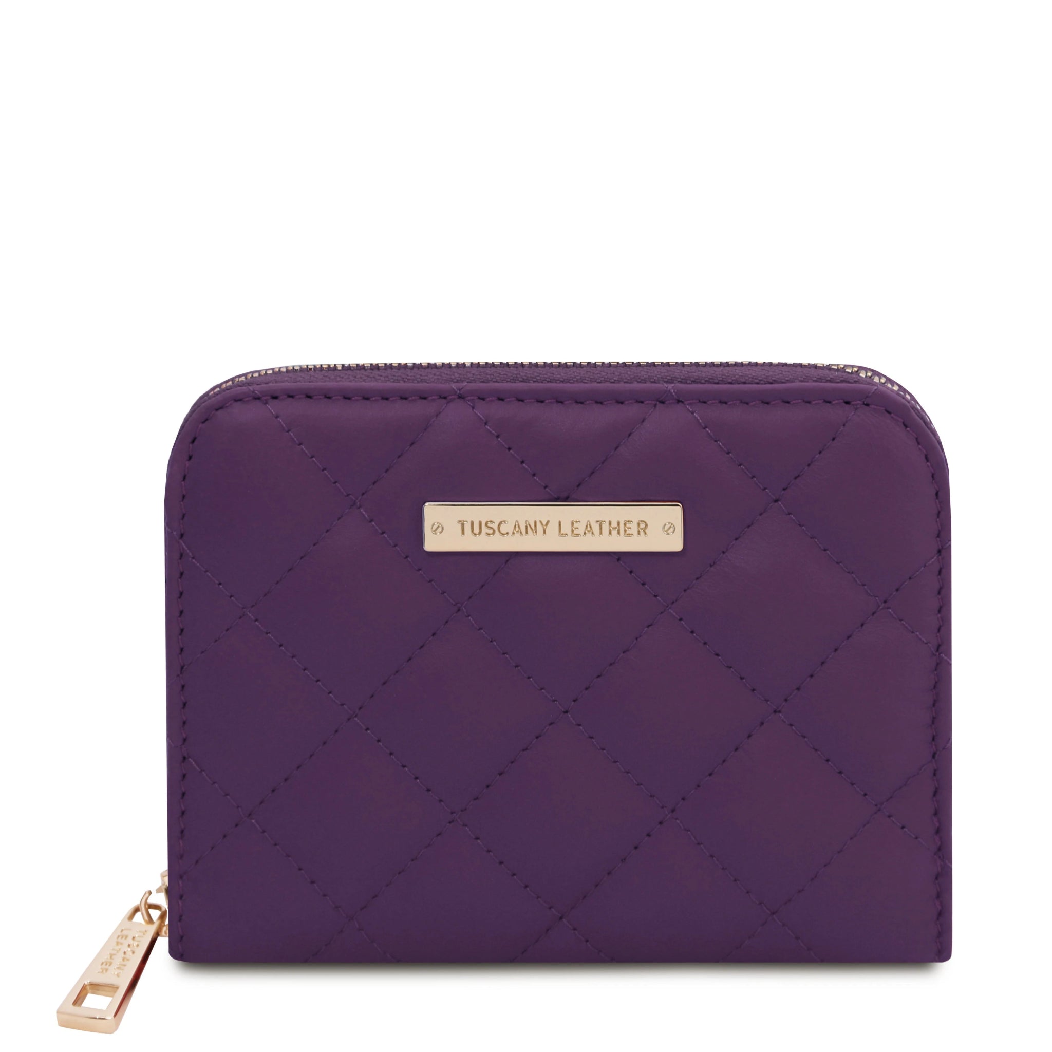 Front View Teti Exclusive three side Zip Around Soft Italian Leather Wallet in Purple on a white background