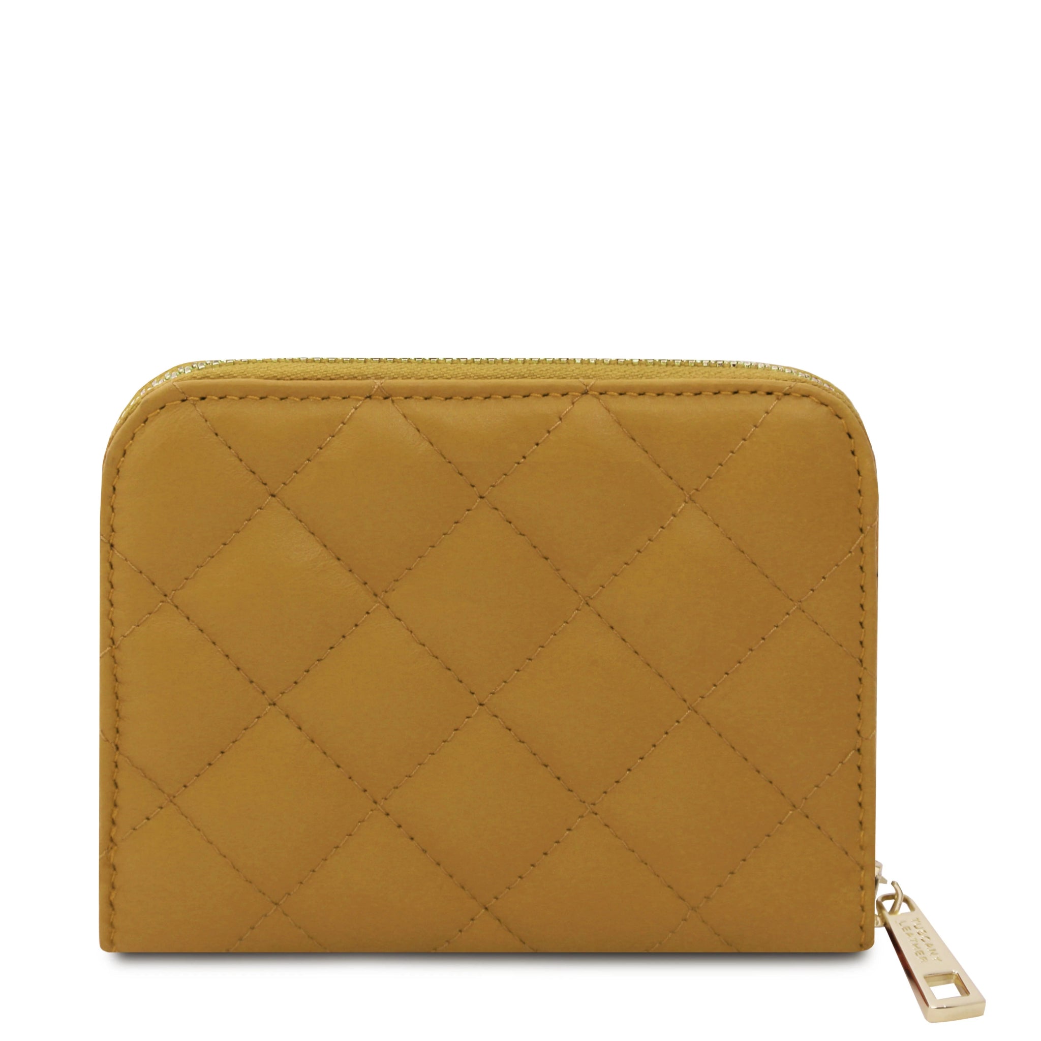 Back View Teti Exclusive three side Zip Around Soft Italian Leather Wallet in Mustard on a white background