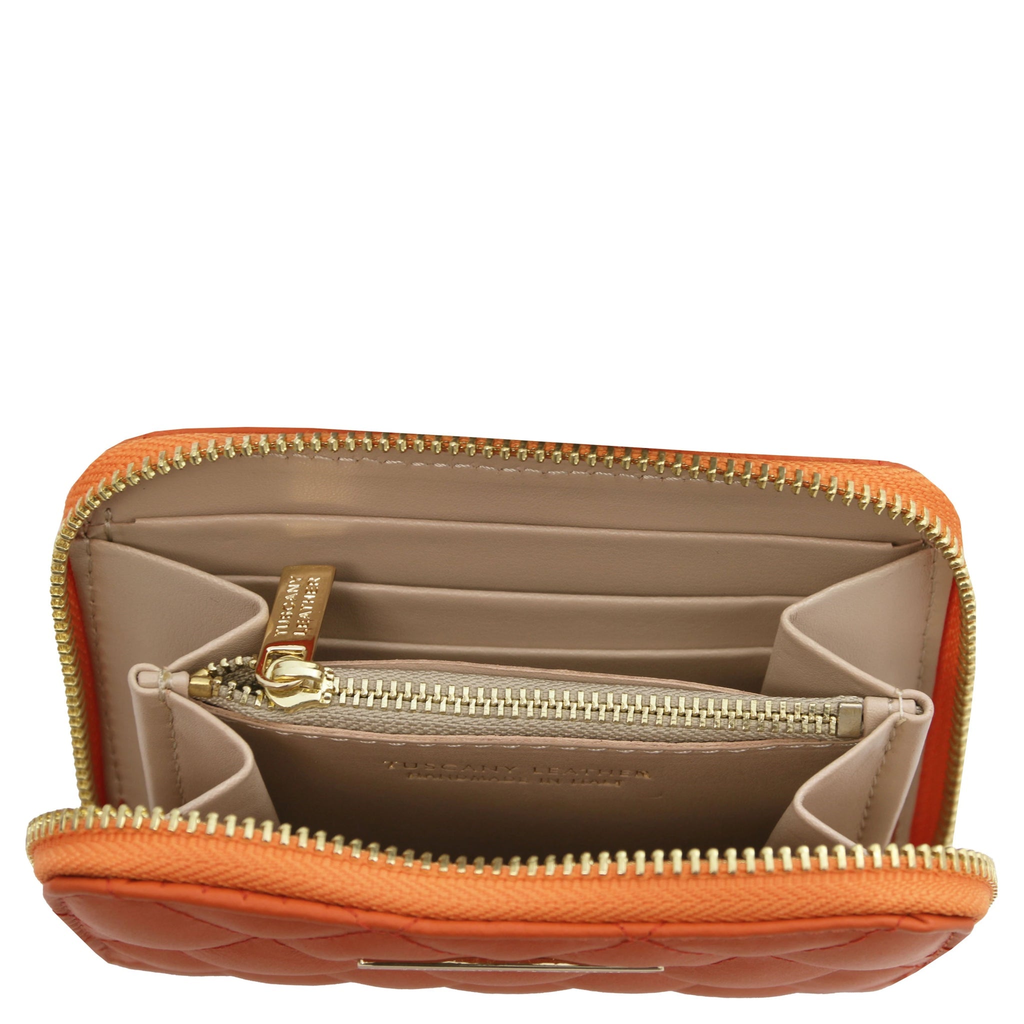 Top interior view Teti Exclusive Zip Around Soft Italian Leather Wallet in orange showing coin pocket, card slots and open compartment