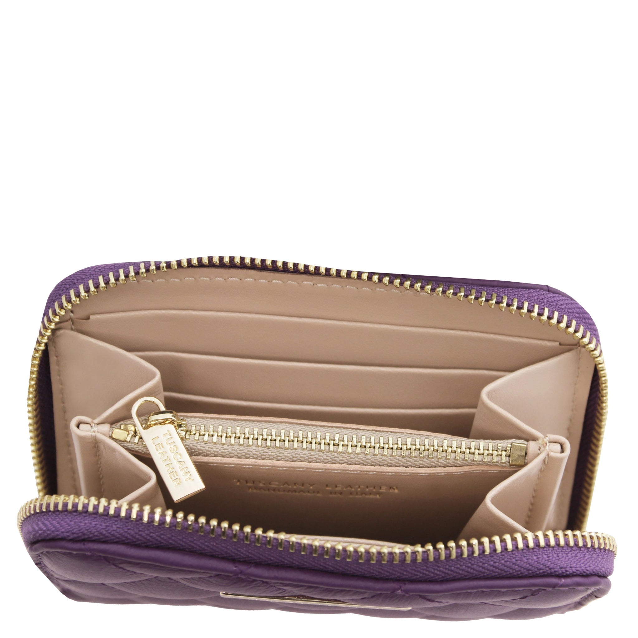 Top interior view Teti Exclusive Zip Around Soft Italian Leather Wallet in purple showing coin pocket, card slots and open compartment