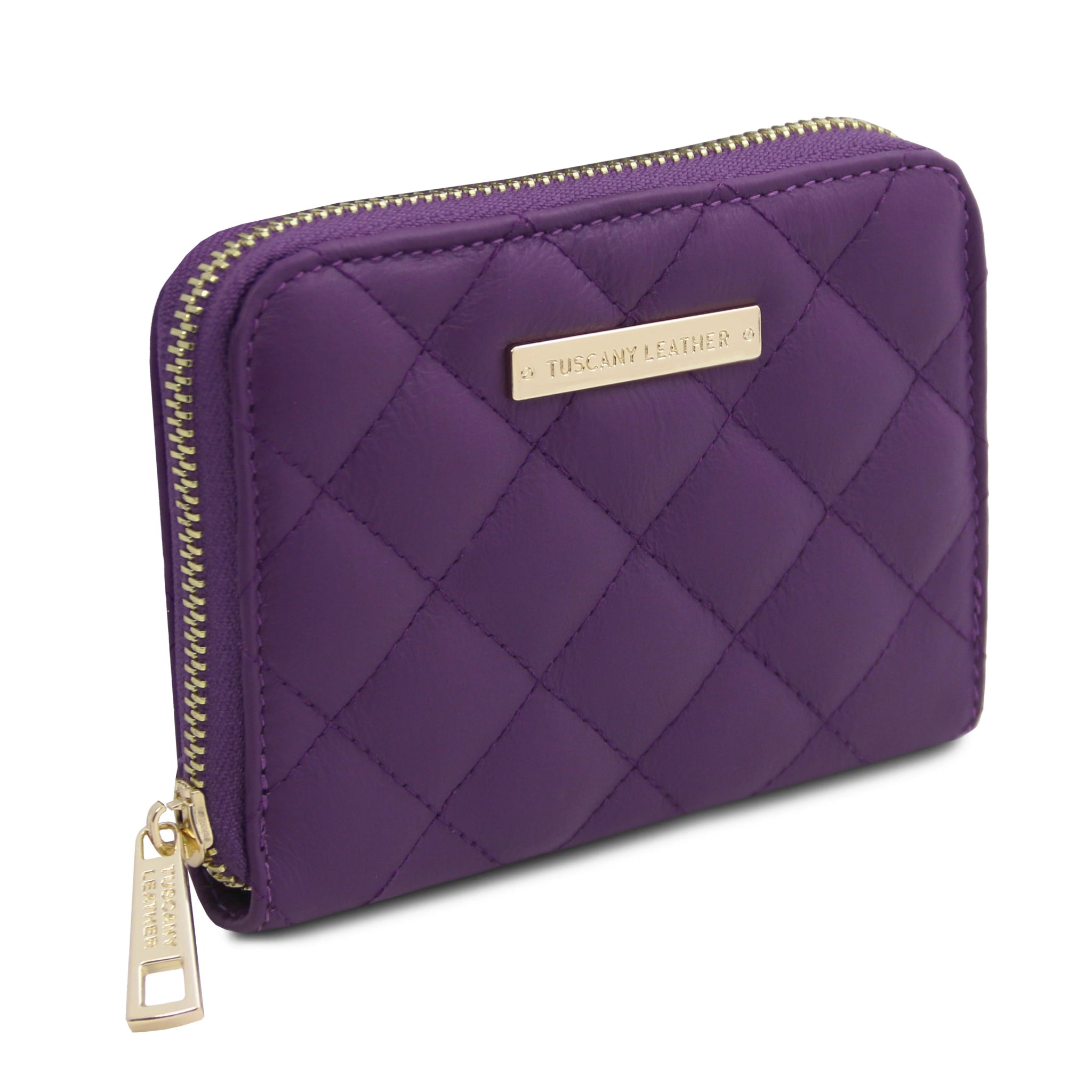 Front View Teti Exclusive three side Zip Around Soft Italian Leather Wallet in Purple on a white background