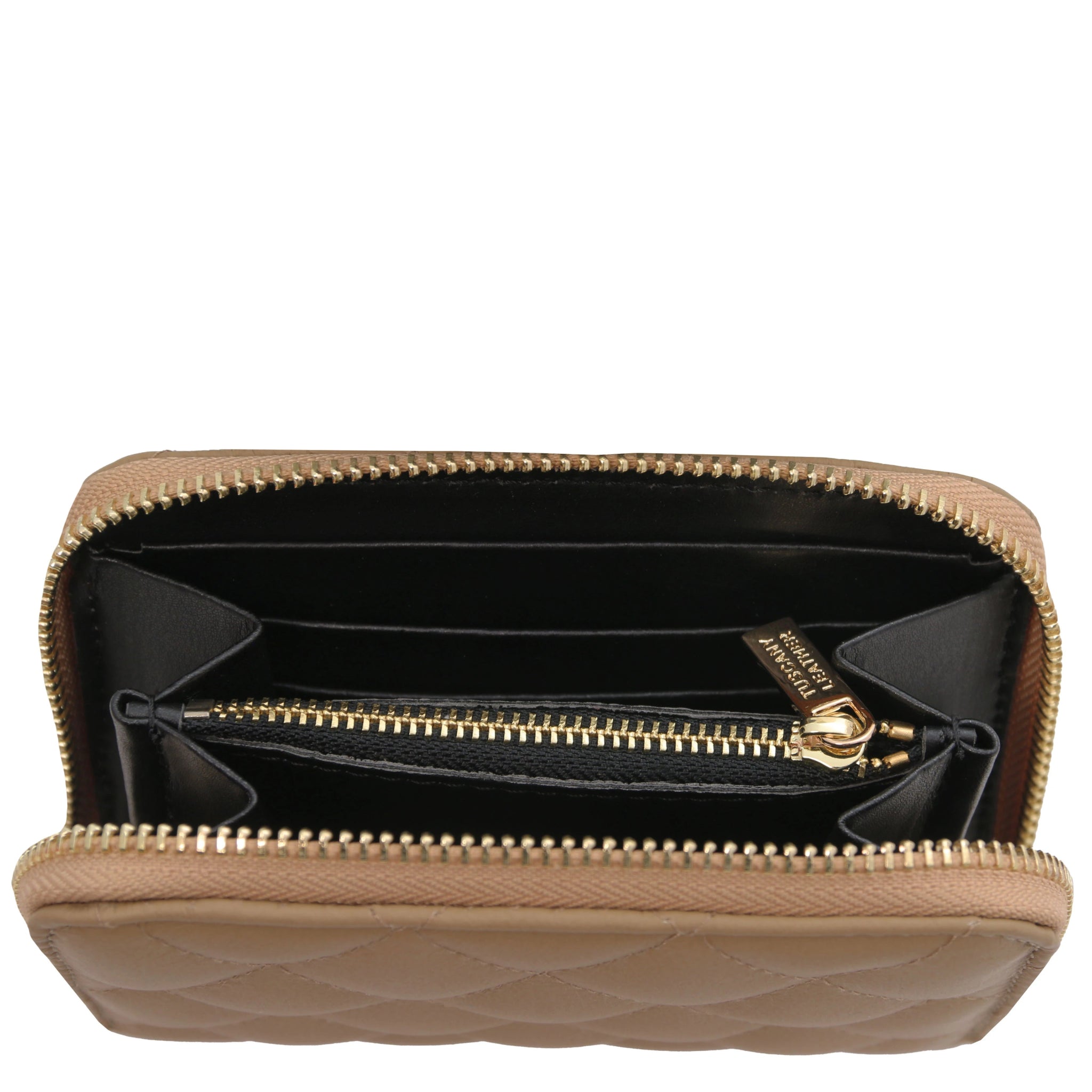 Top interior view Teti Exclusive Zip Around Soft Italian Leather Wallet in taupe showing coin pocket, card slots and open compartment