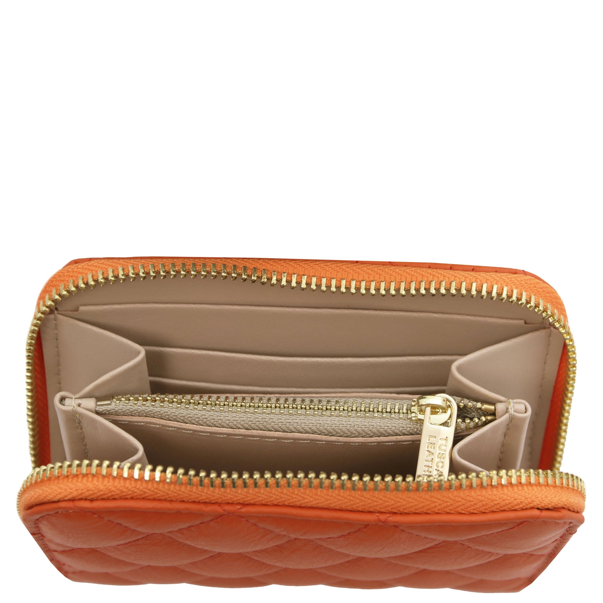 Top interior view Teti Exclusive Zip Around Soft Italian Leather Wallet in orange showing coin pocket, card slots and open compartment