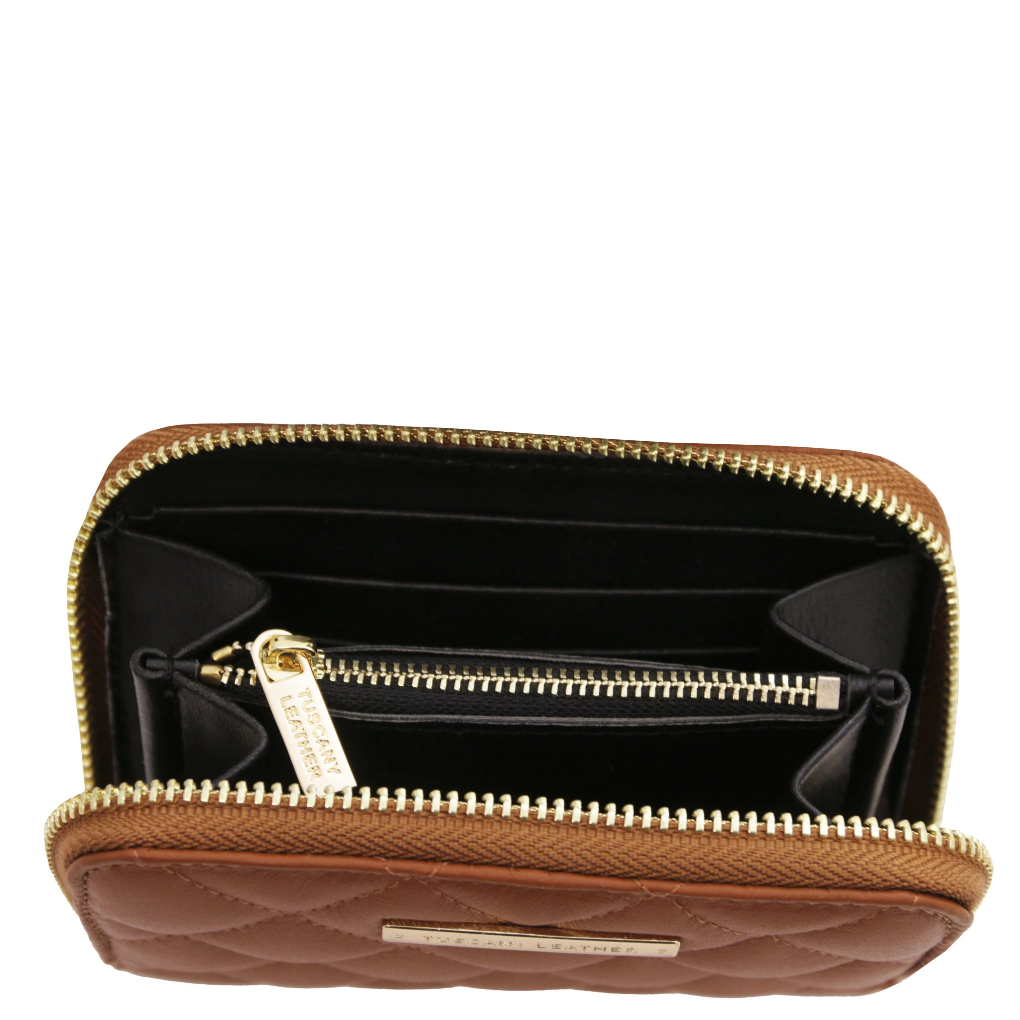 Top interior view Teti Exclusive Zip Around Soft Italian Leather Wallet in cognac showing coin pocket, card slots and open compartment