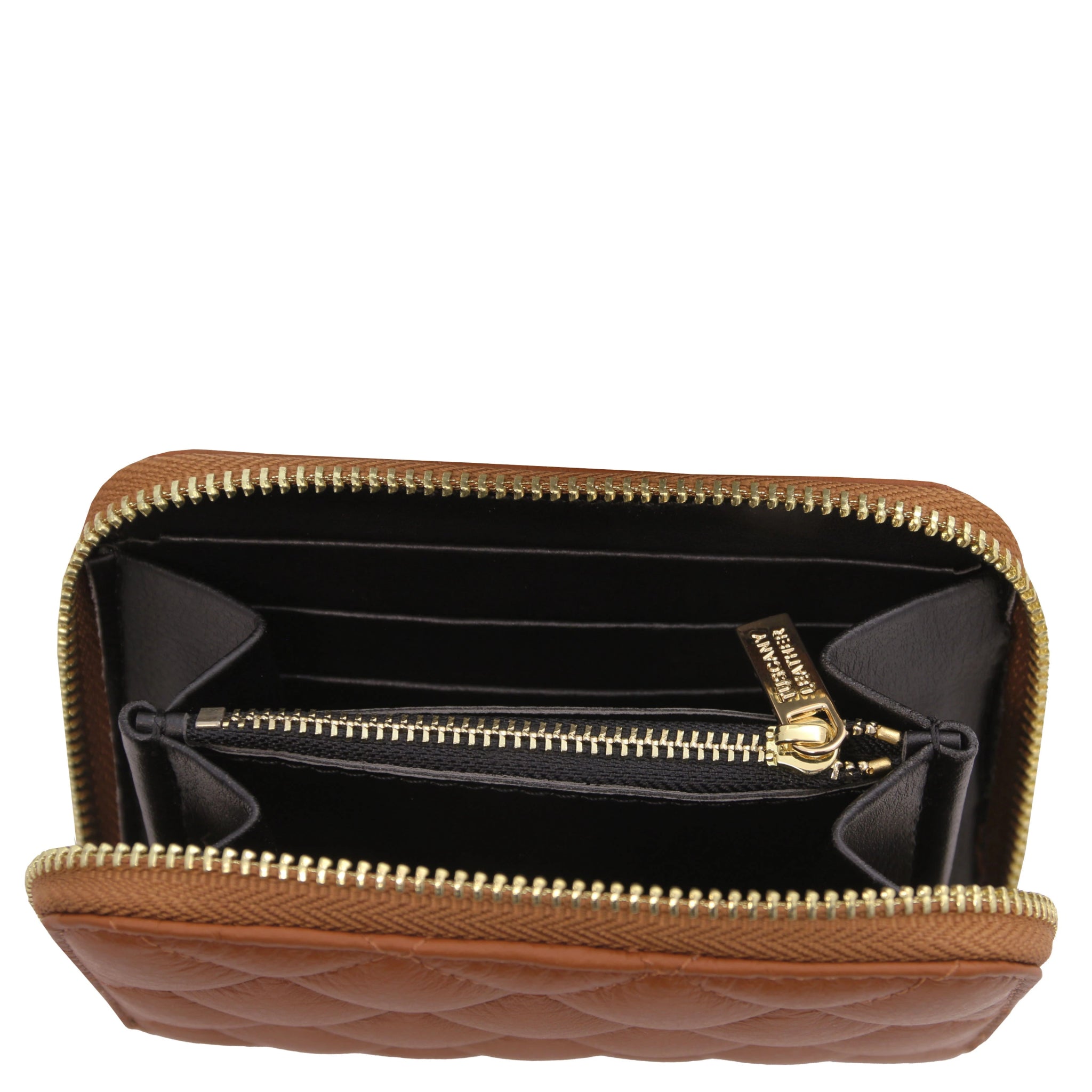 Top interior view Teti Exclusive Zip Around Soft Italian Leather Wallet in cognac showing coin pocket, card slots and open compartment